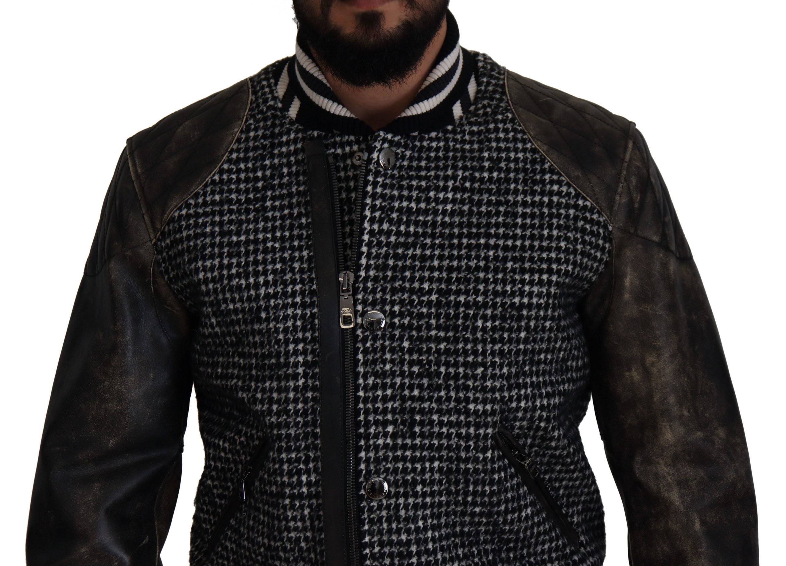 Black Houndstooth Polyester Bomber Jacket - ventzia