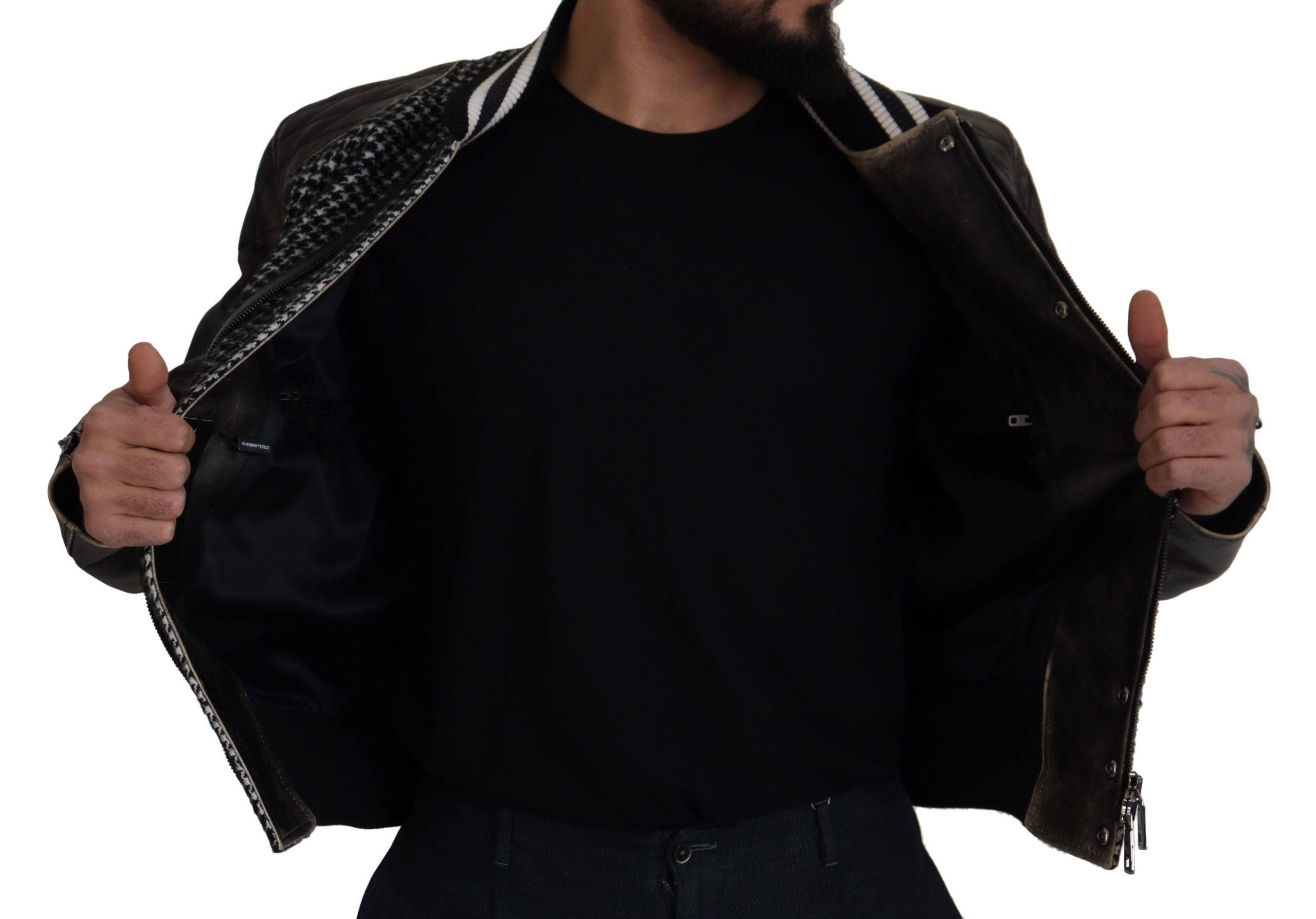 Black Houndstooth Polyester Bomber Jacket - ventzia