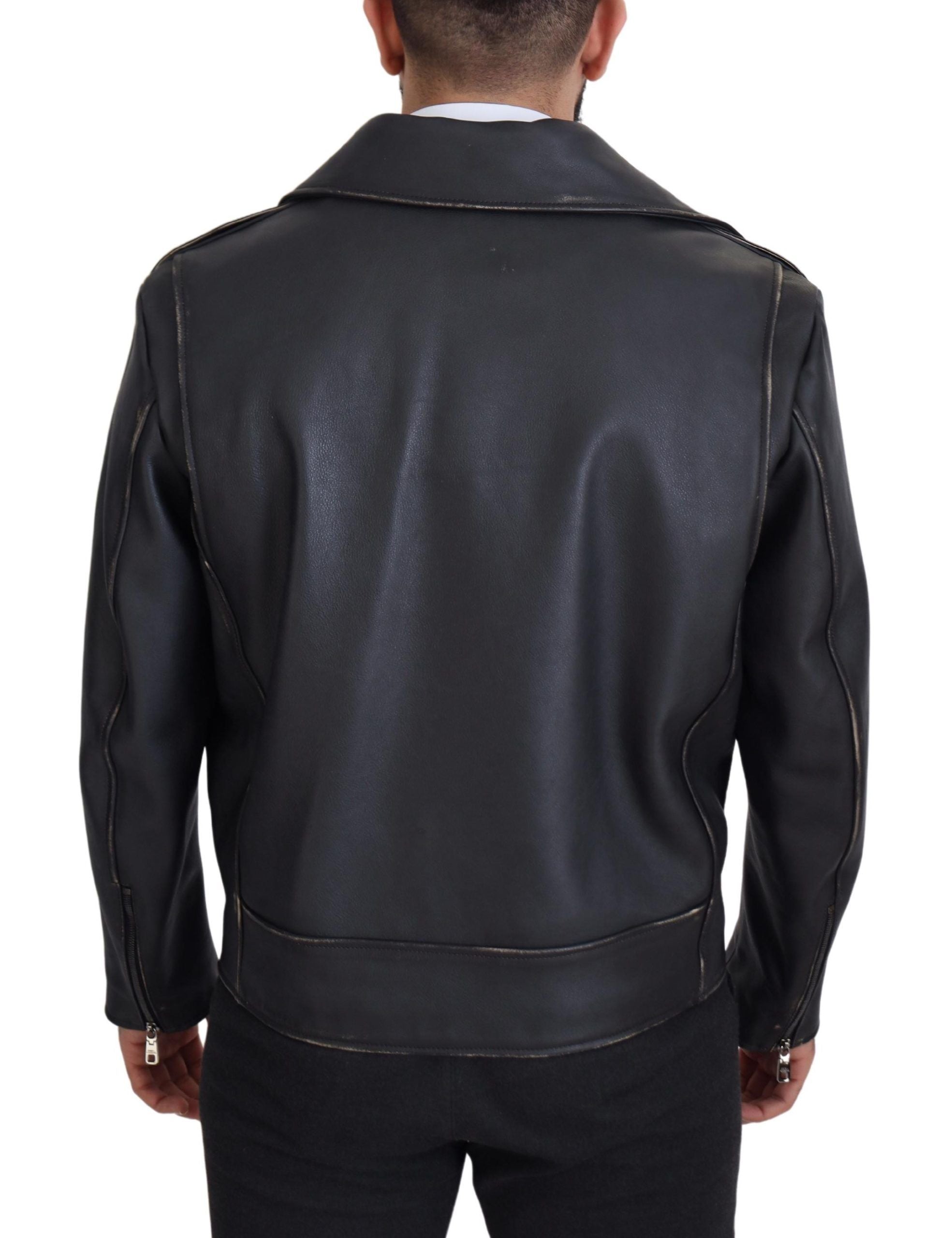 Black Leather Biker Coat Zipper Jacket - ventzia