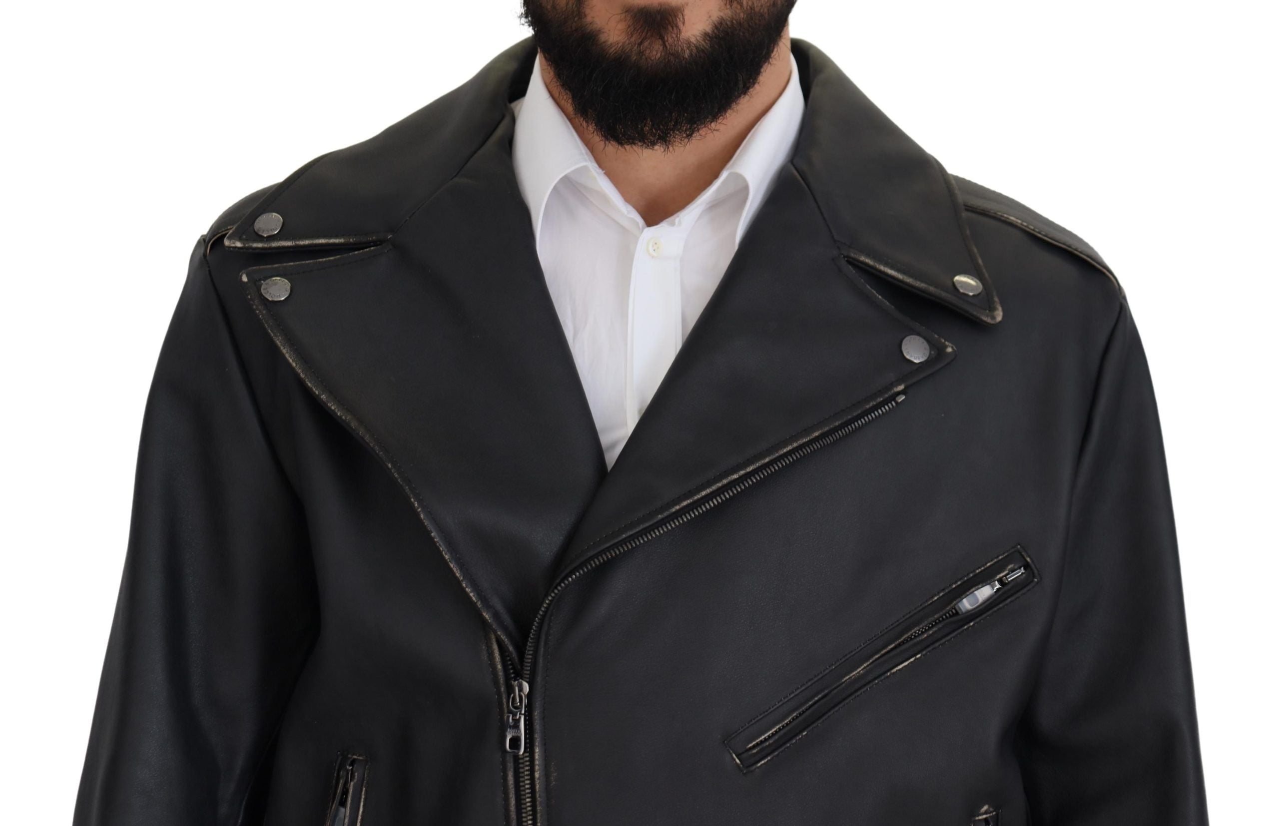Black Leather Biker Coat Zipper Jacket - ventzia