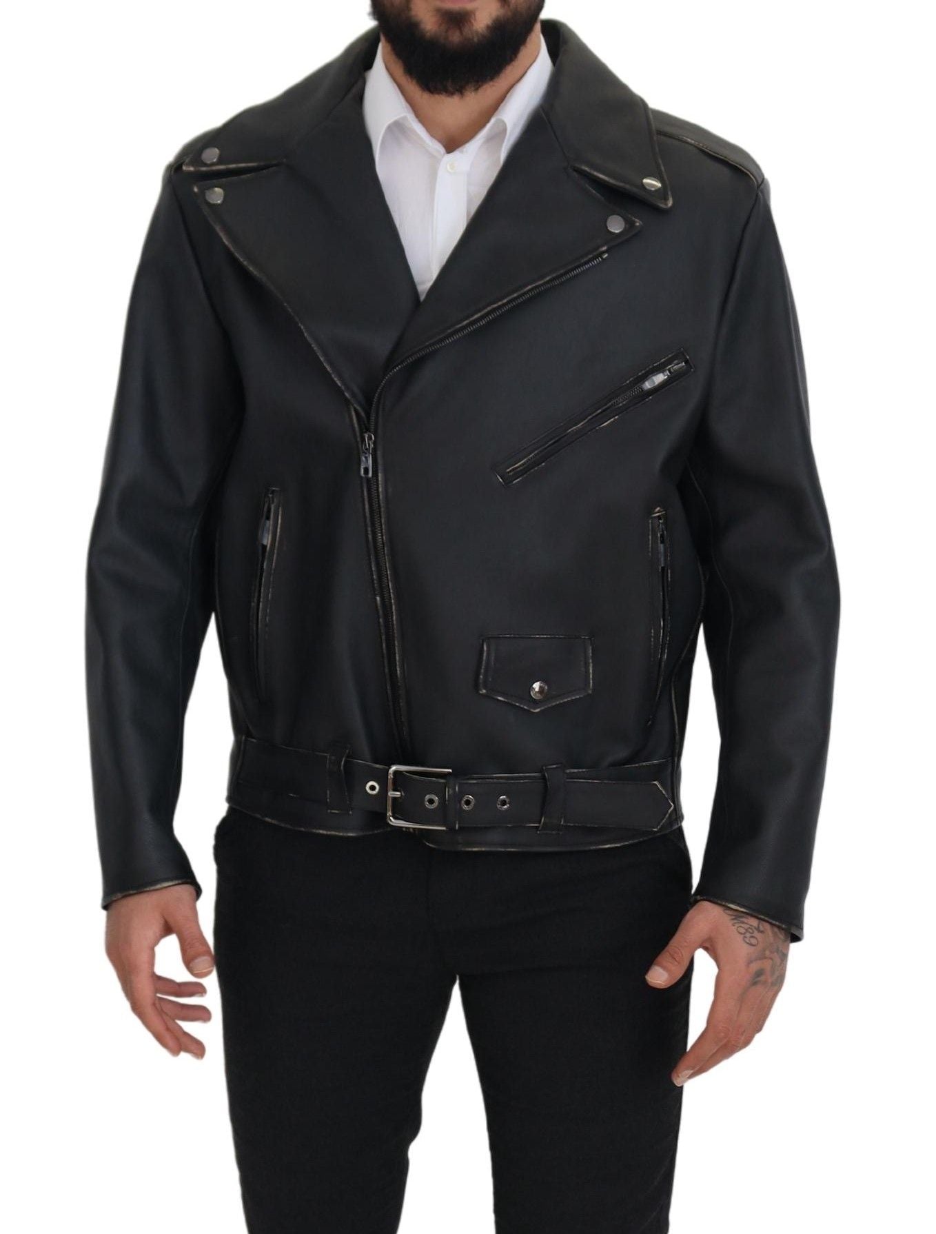 Black Leather Biker Coat Zipper Jacket - ventzia
