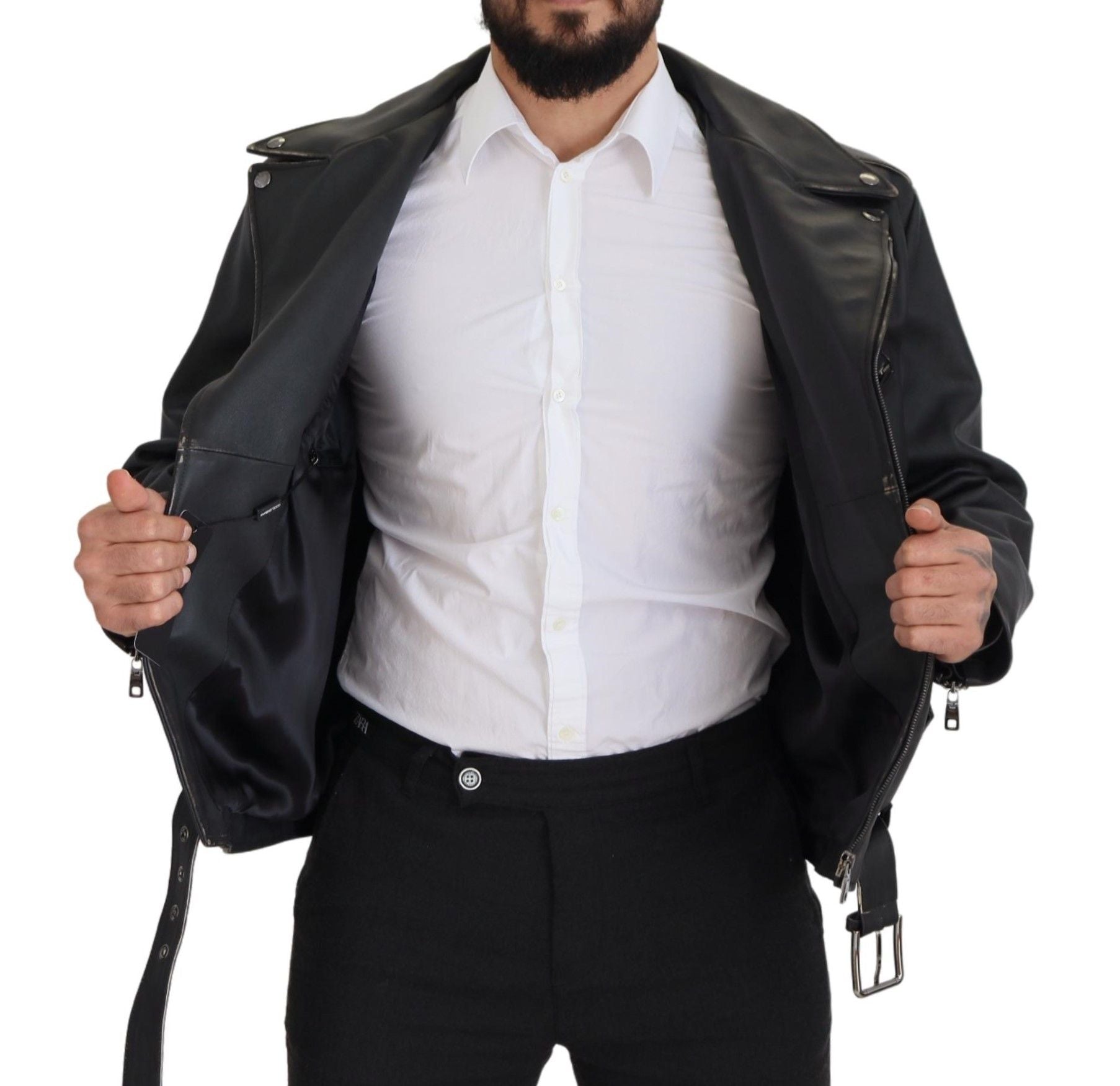 Black Leather Biker Coat Zipper Jacket - ventzia