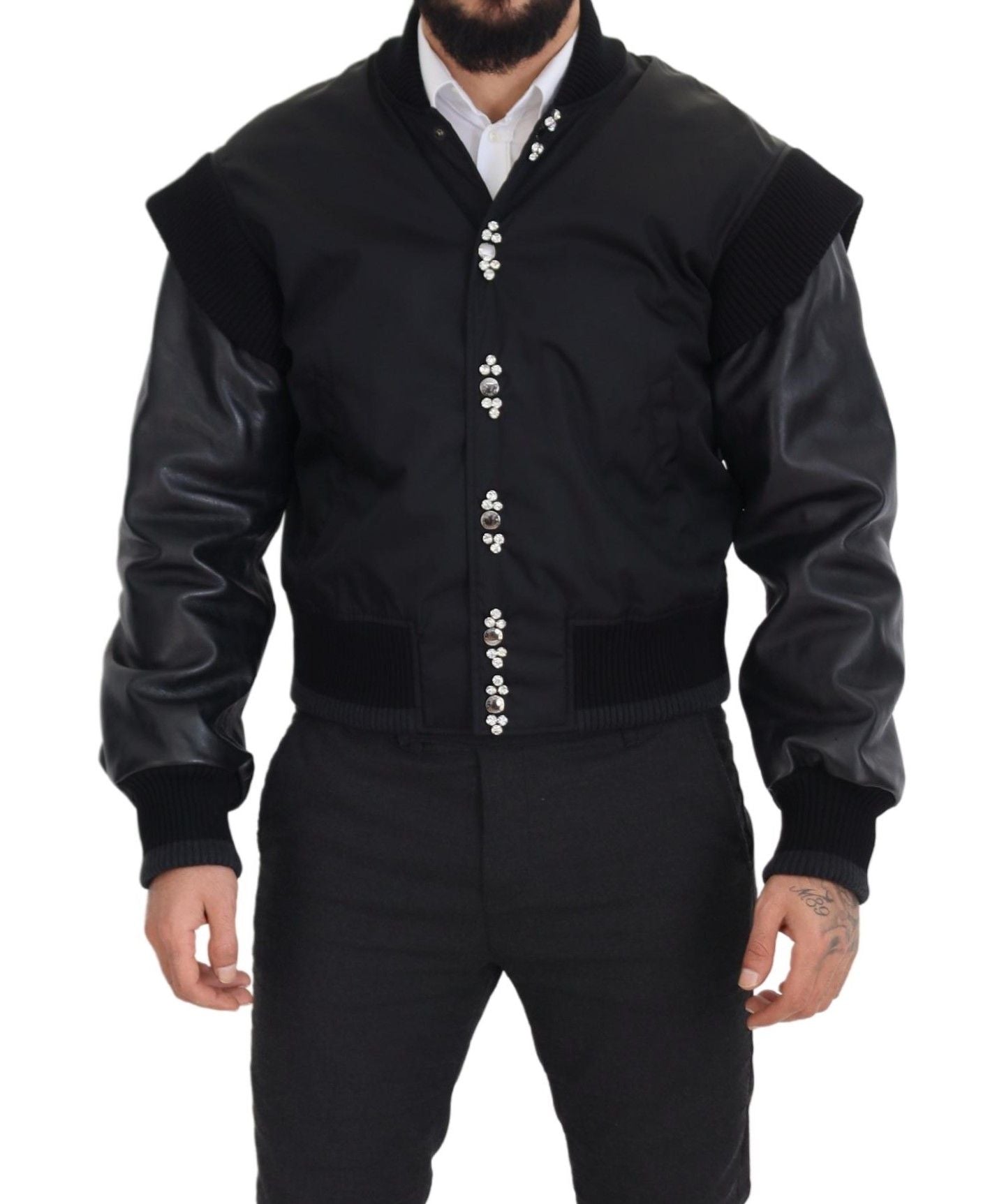 Black Nylon Crystals Coat Buttons Jacket - ventzia