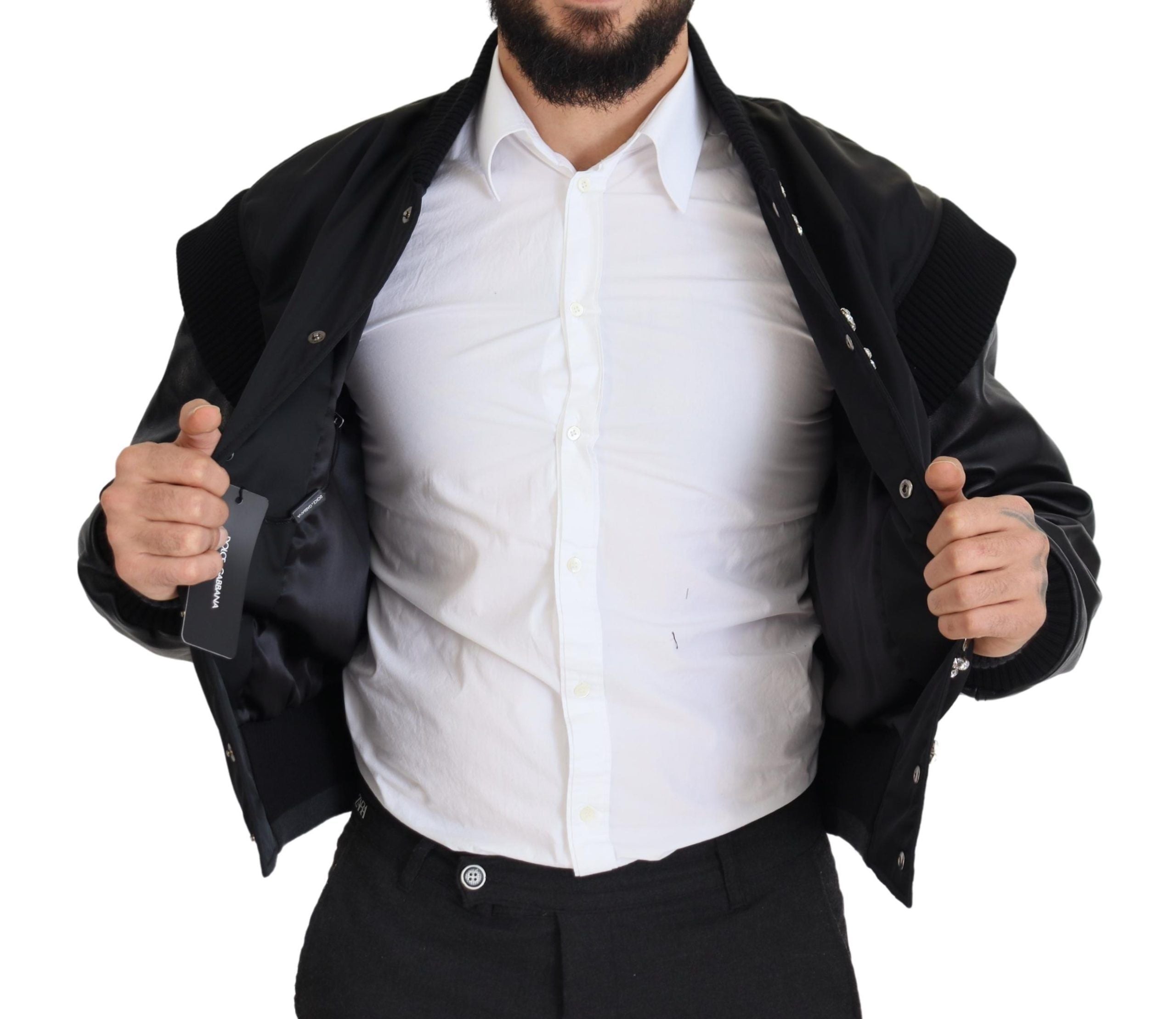 Black Nylon Crystals Coat Buttons Jacket - ventzia