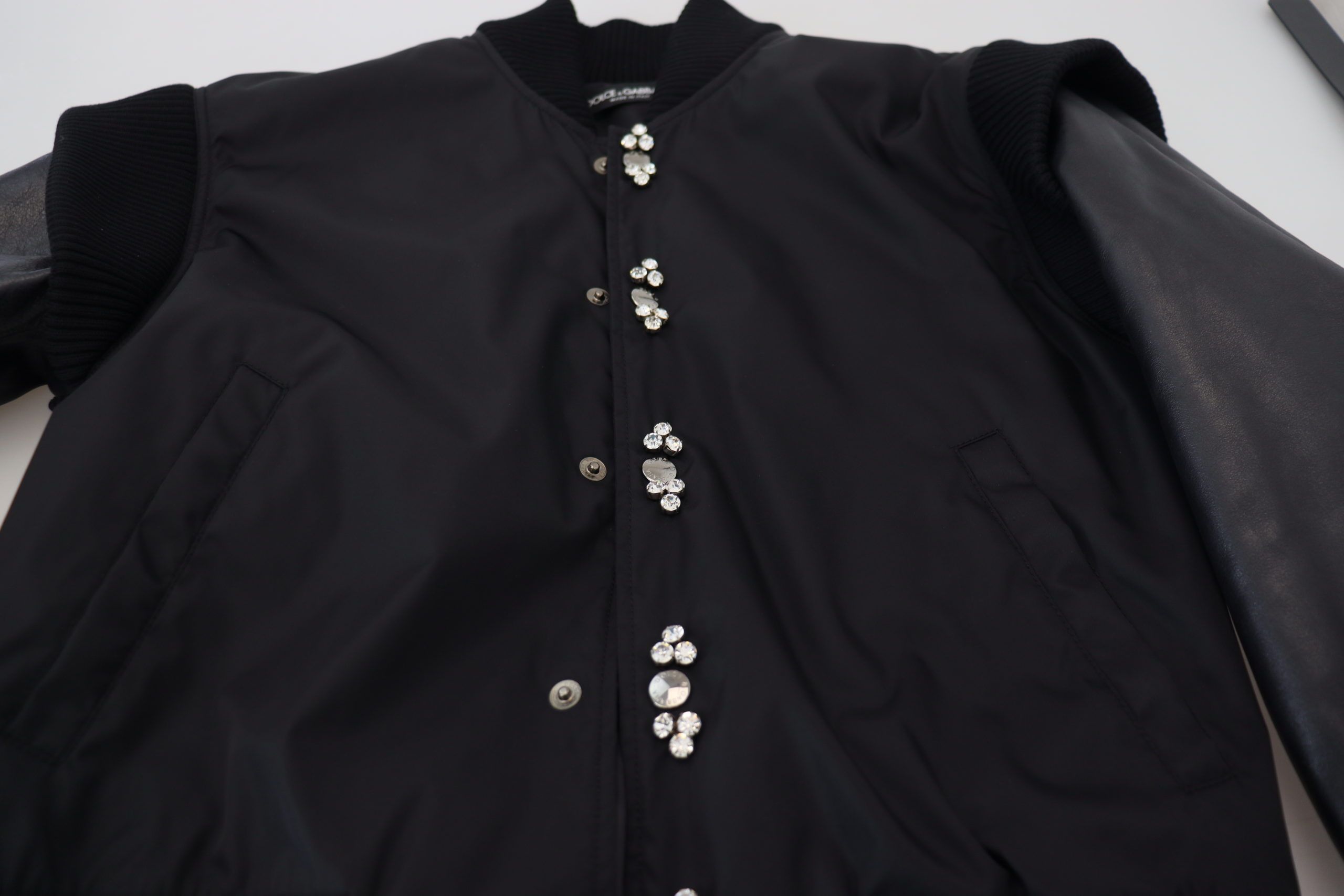 Black Nylon Crystals Coat Buttons Jacket - ventzia