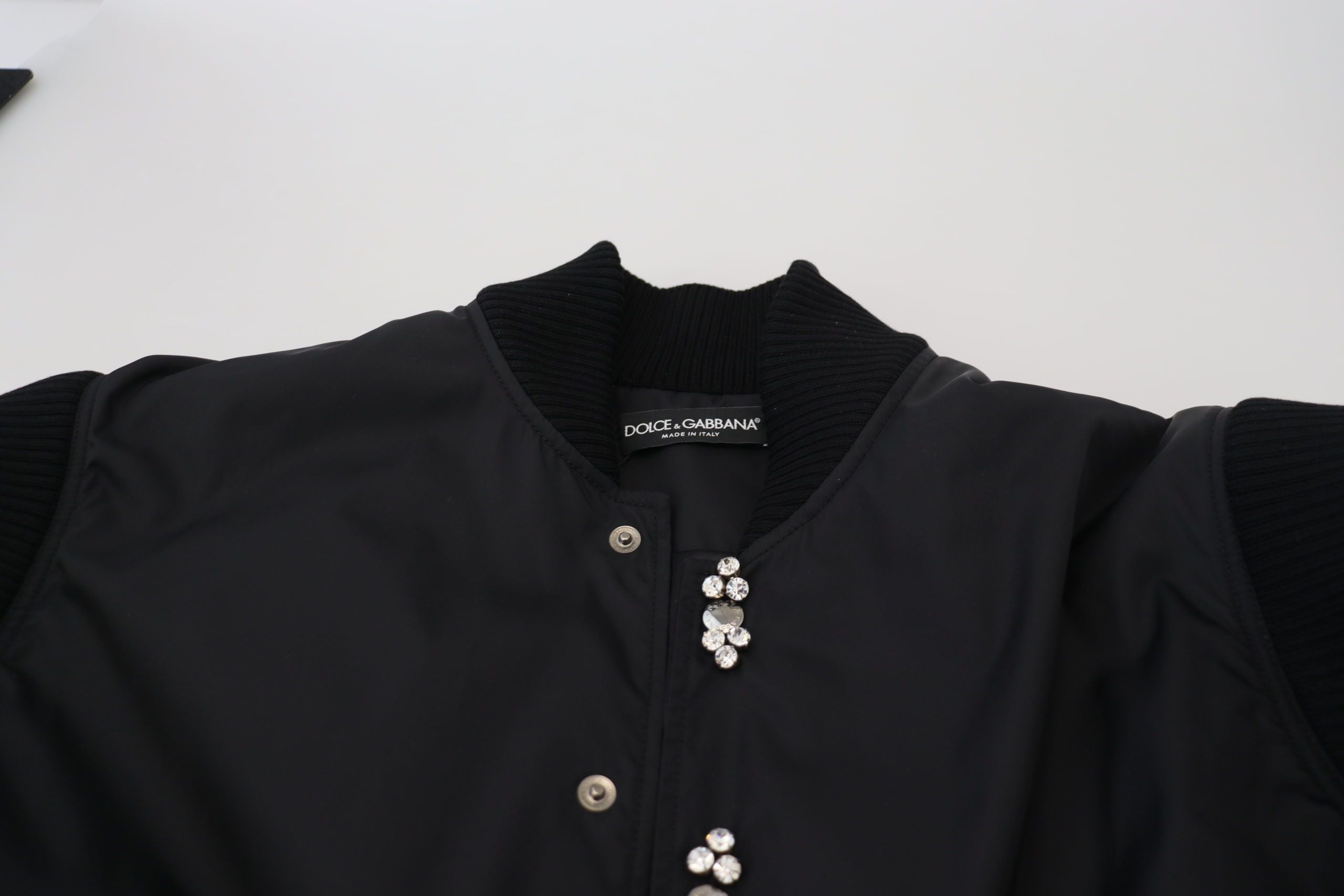 Black Nylon Crystals Coat Buttons Jacket - ventzia