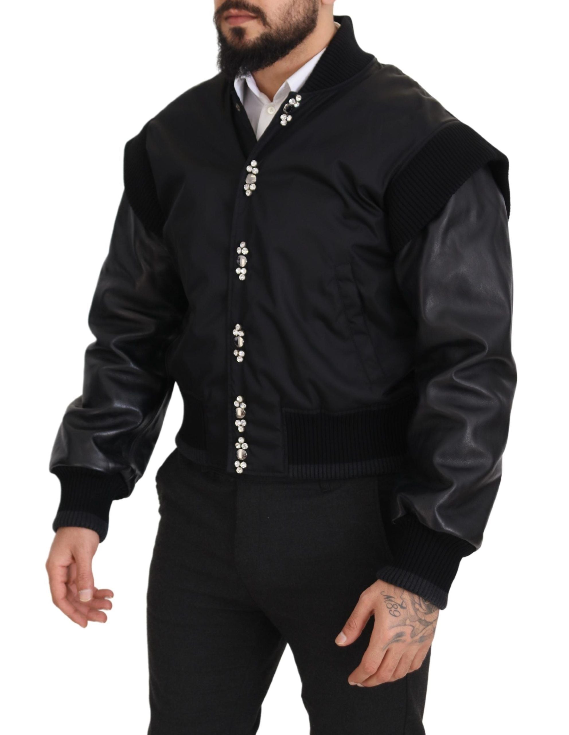 Black Nylon Crystals Coat Buttons Jacket - ventzia