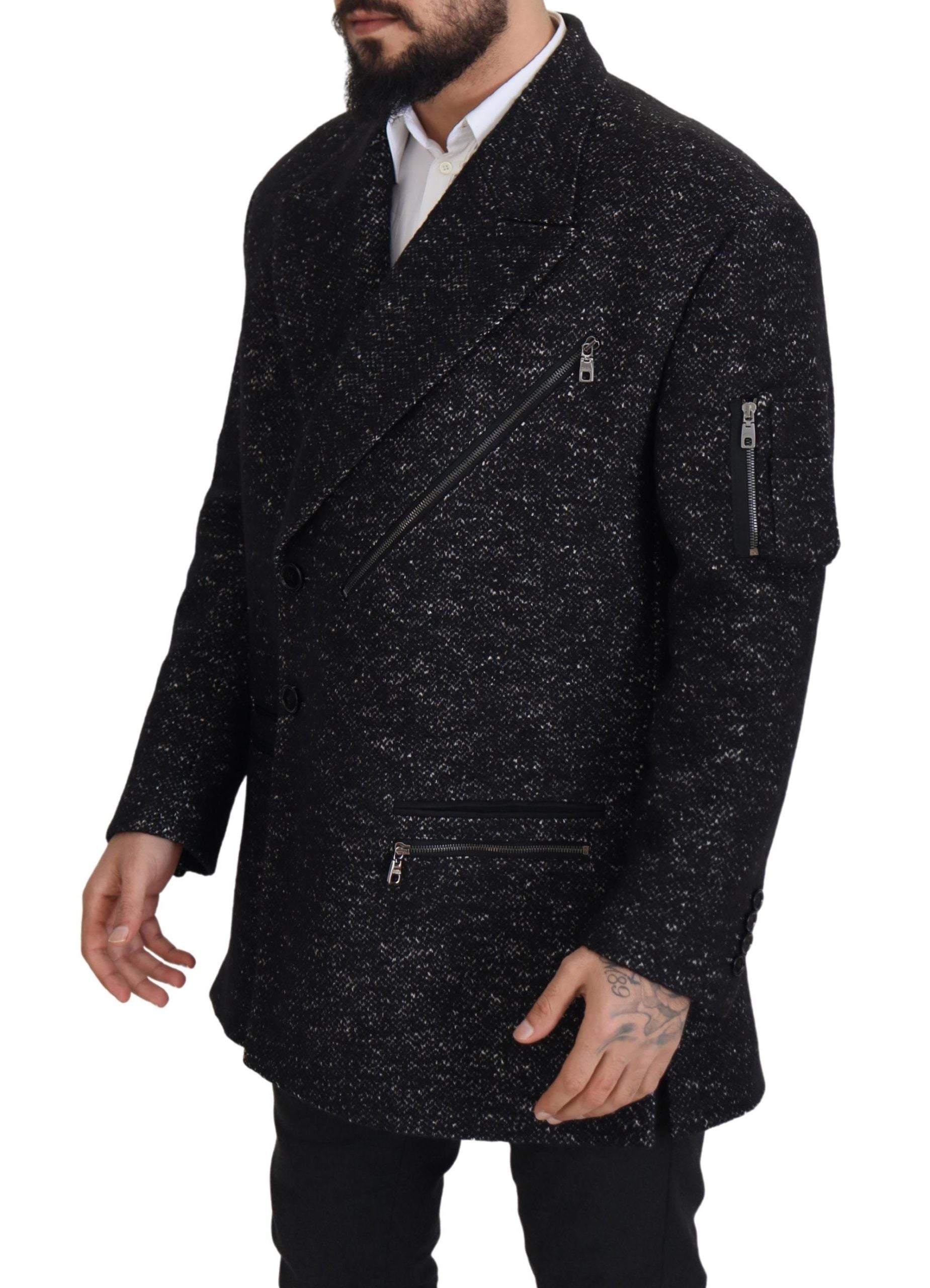 Black Wool Double Breasted Coat Men Jacket - ventzia