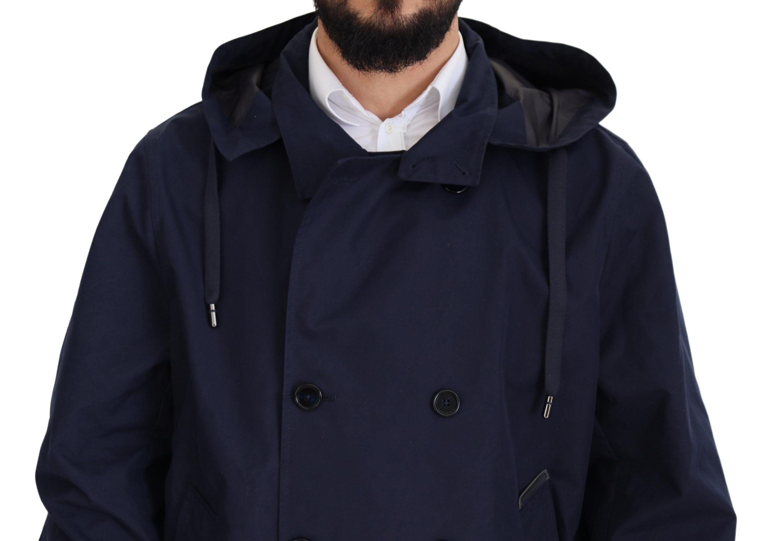 Blue Hooded Double Breasted Coat Jacket - ventzia