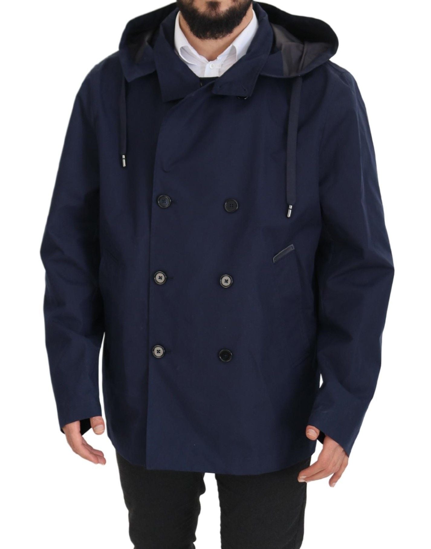 Blue Hooded Double Breasted Coat Jacket - ventzia