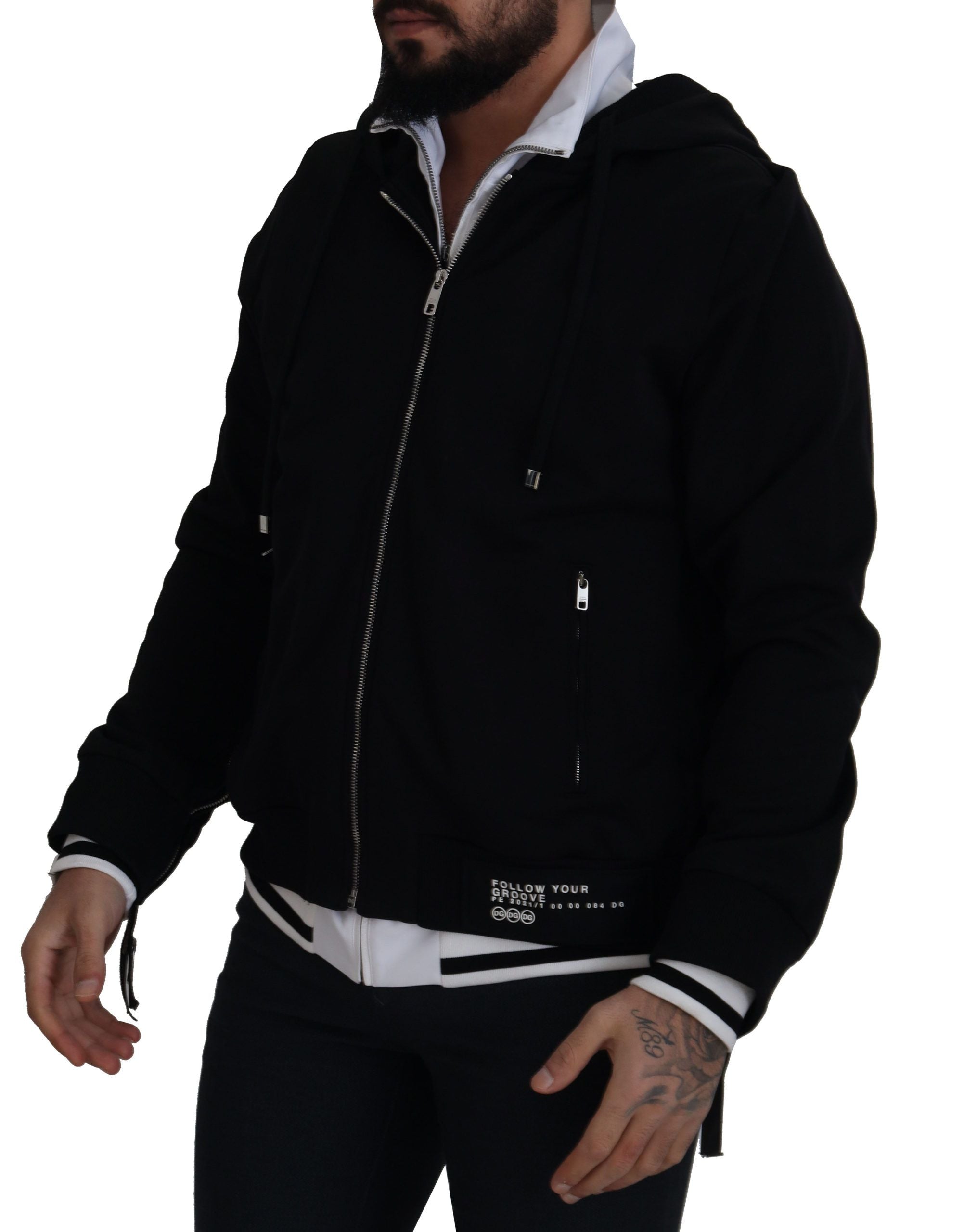 Black Polyester Hooded Full Zip Jacket - ventzia