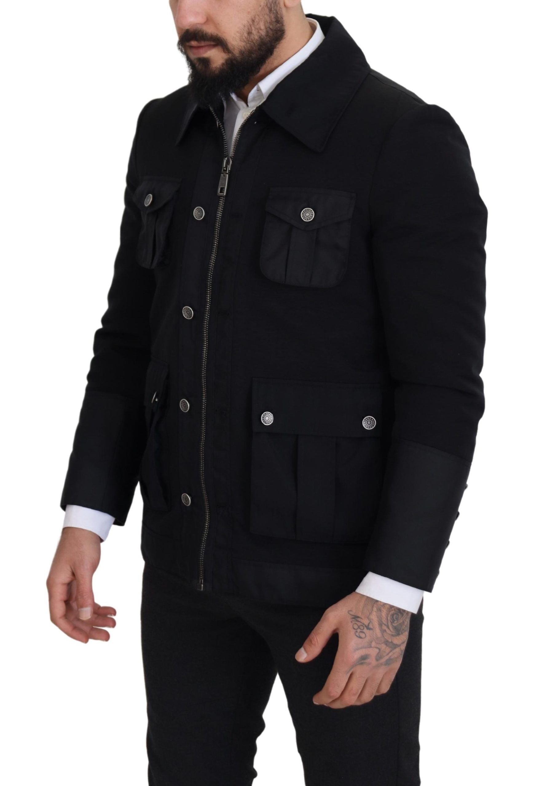 Black Wool Collared Full Zip Jacket - ventzia