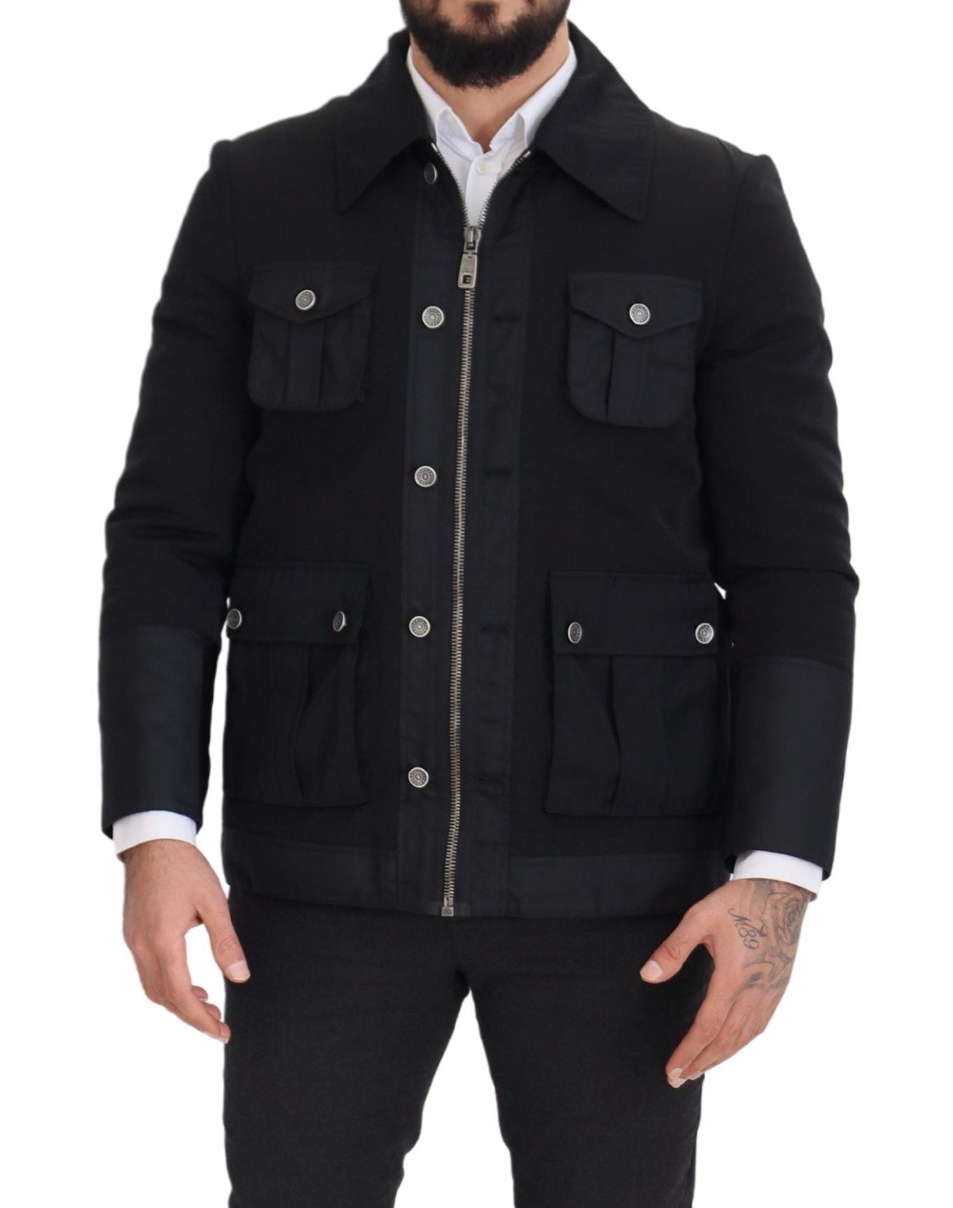 Black Wool Collared Full Zip Jacket - ventzia