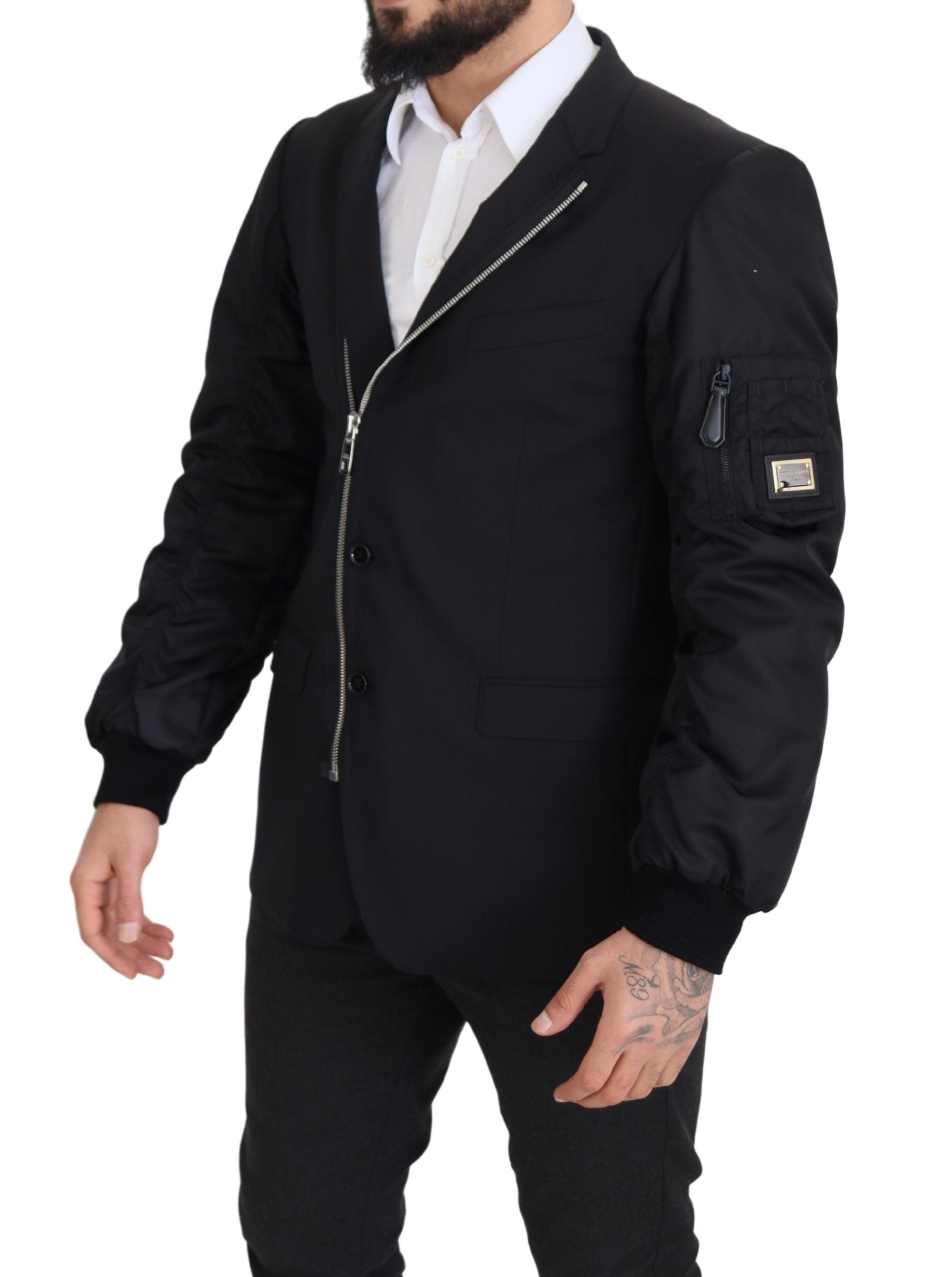 Black Wool Full Zip Long Sleeves Jacket - ventzia