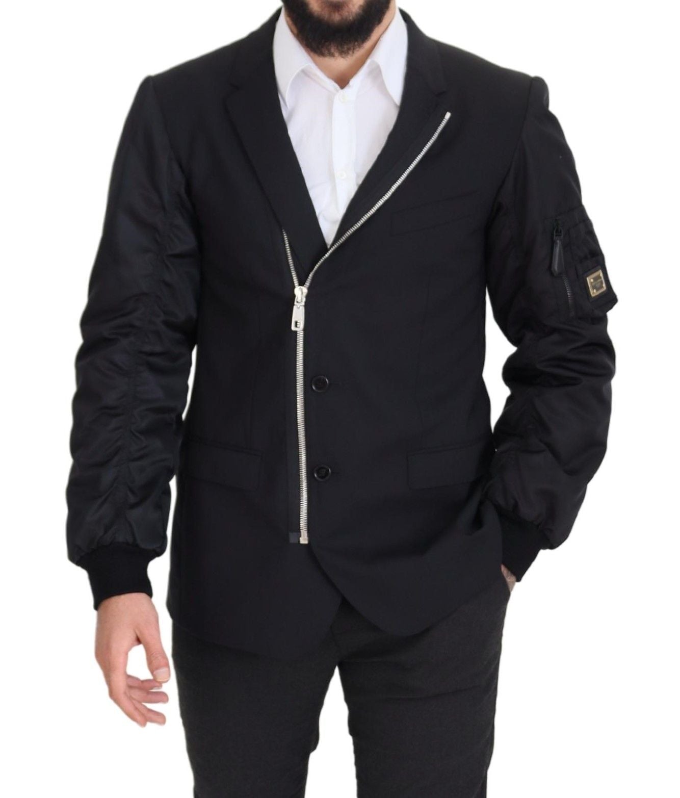 Black Wool Full Zip Long Sleeves Jacket - ventzia