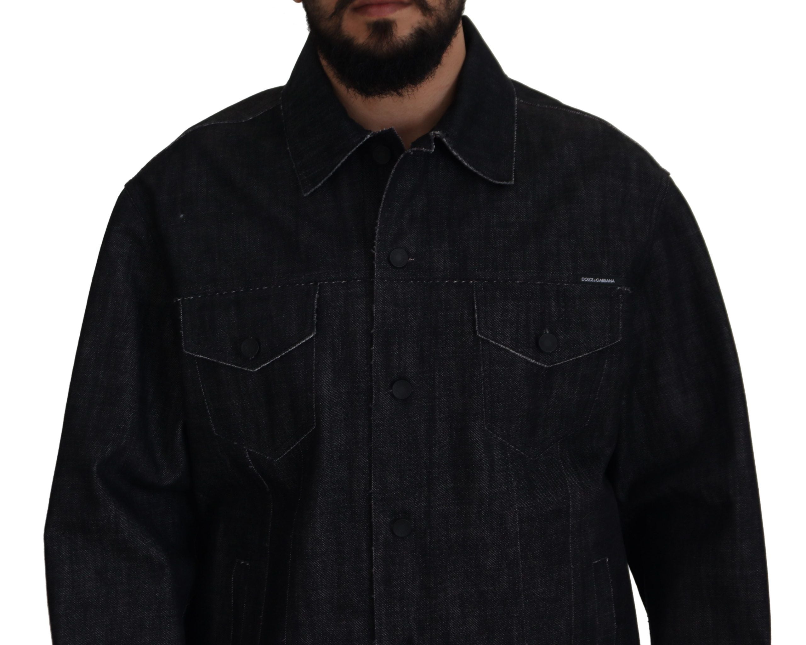Black Cotton Full Button Denim Jacket - ventzia
