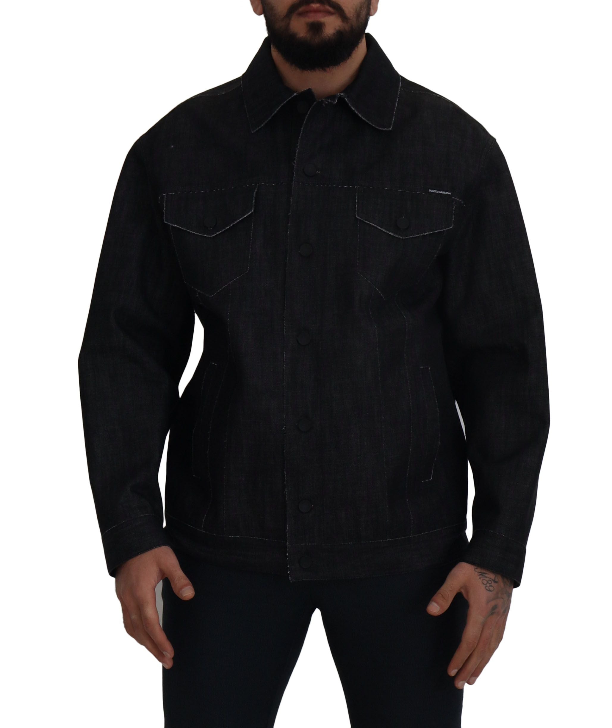 Black Cotton Full Button Denim Jacket - ventzia
