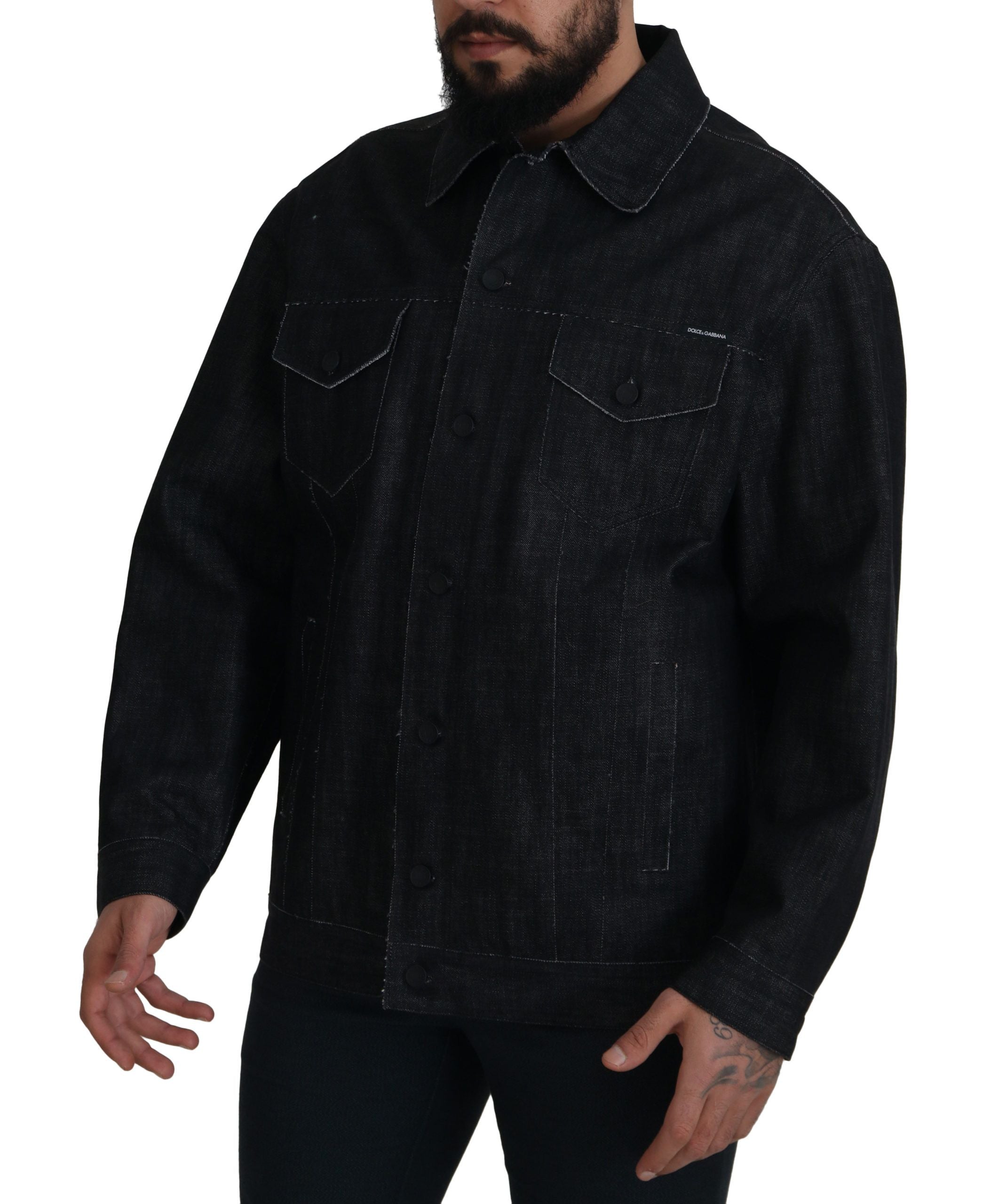 Black Cotton Full Button Denim Jacket - ventzia