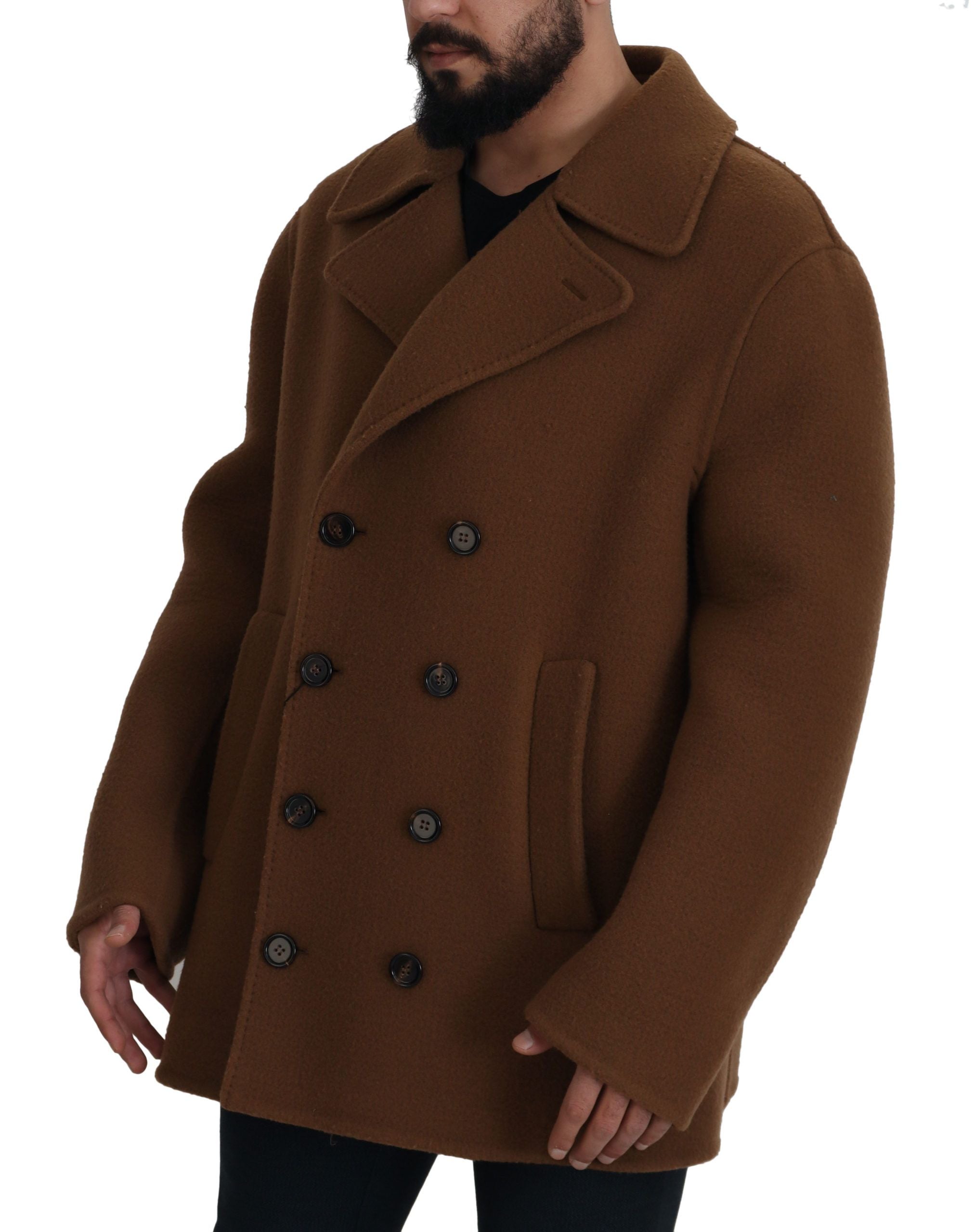 Brown Nylon Double Breasted Coat Jacket - ventzia