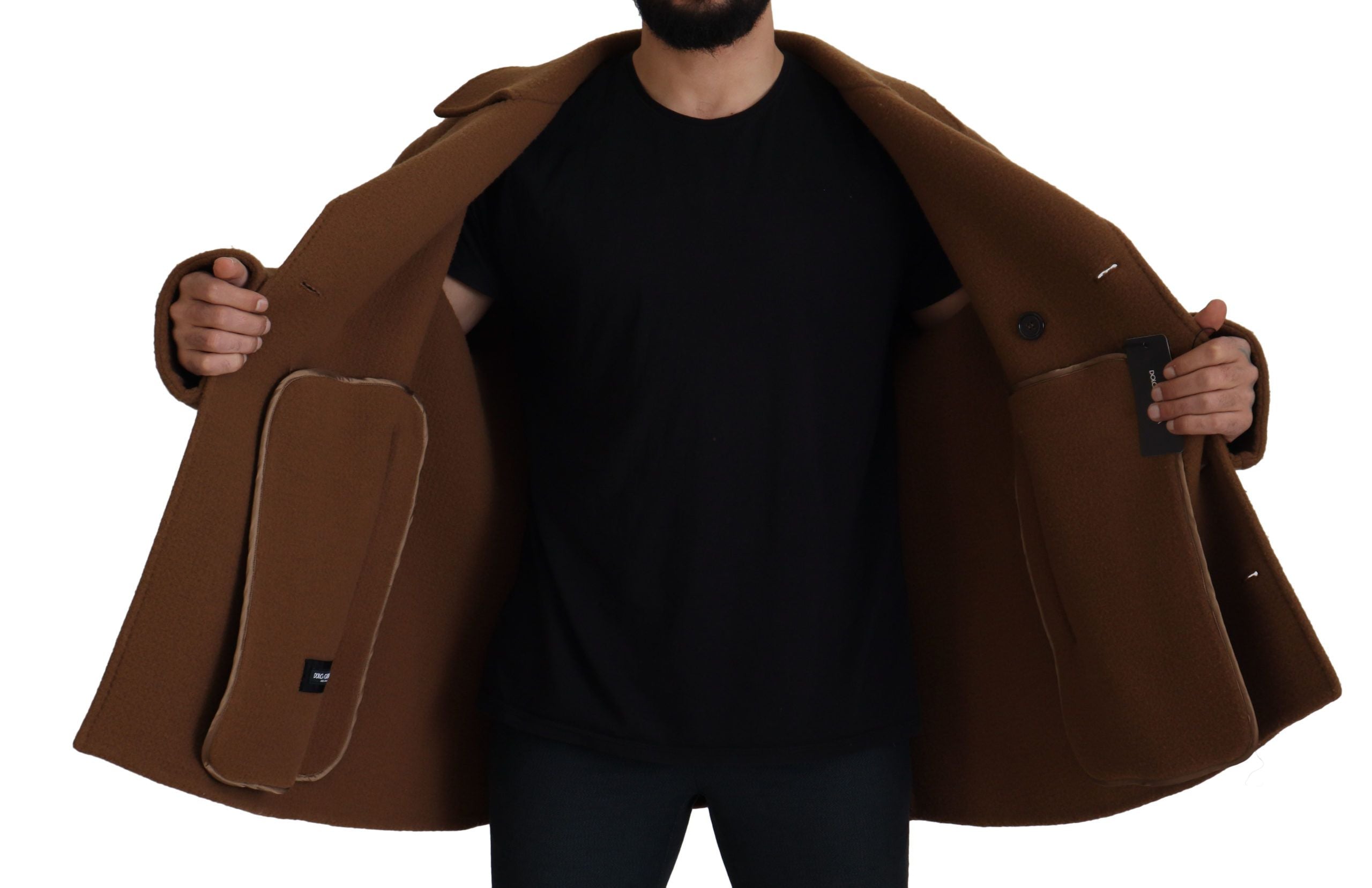 Brown Nylon Double Breasted Coat Jacket - ventzia