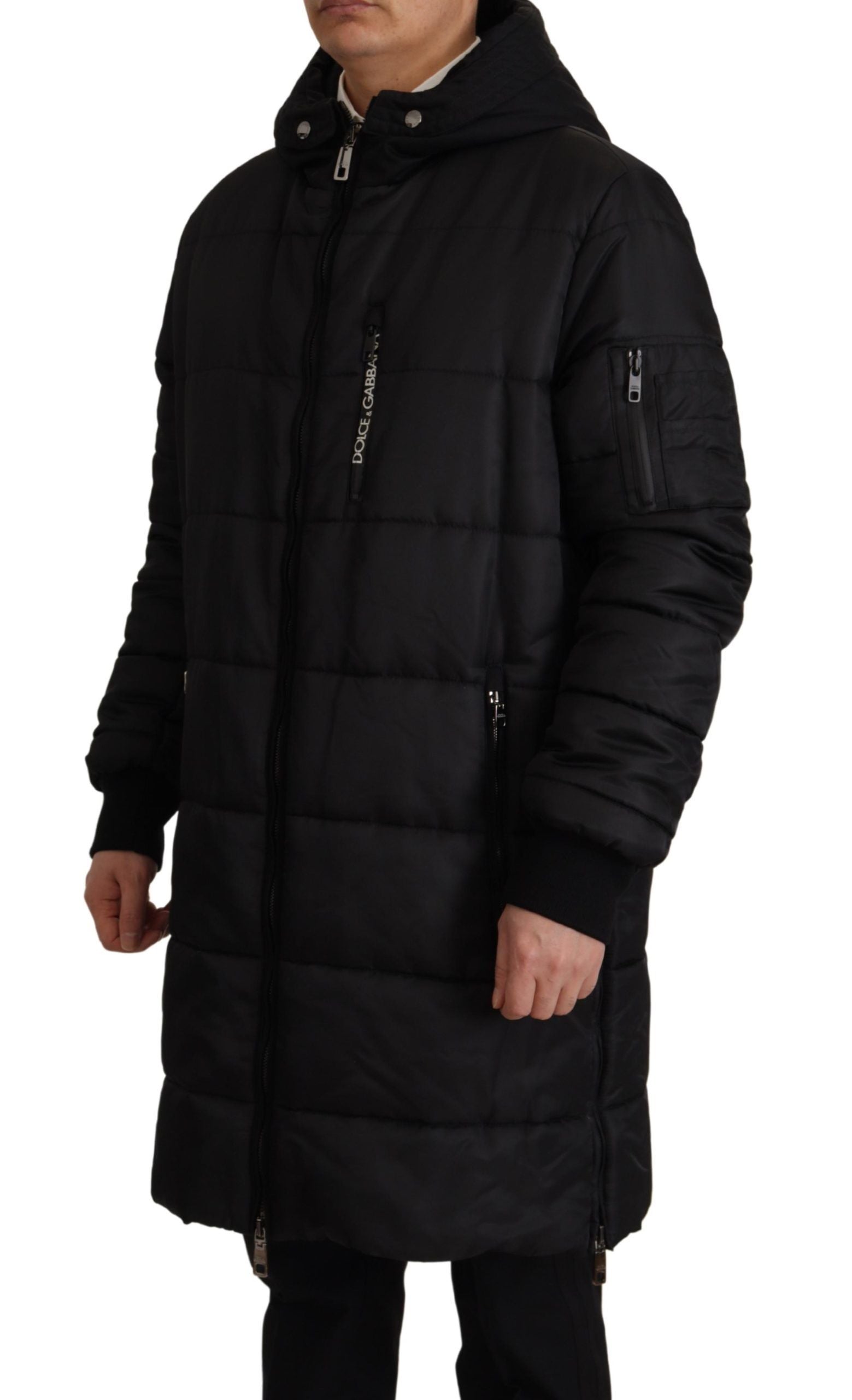 Black Nylon Hooded Parka Coat Winter Jacket - ventzia
