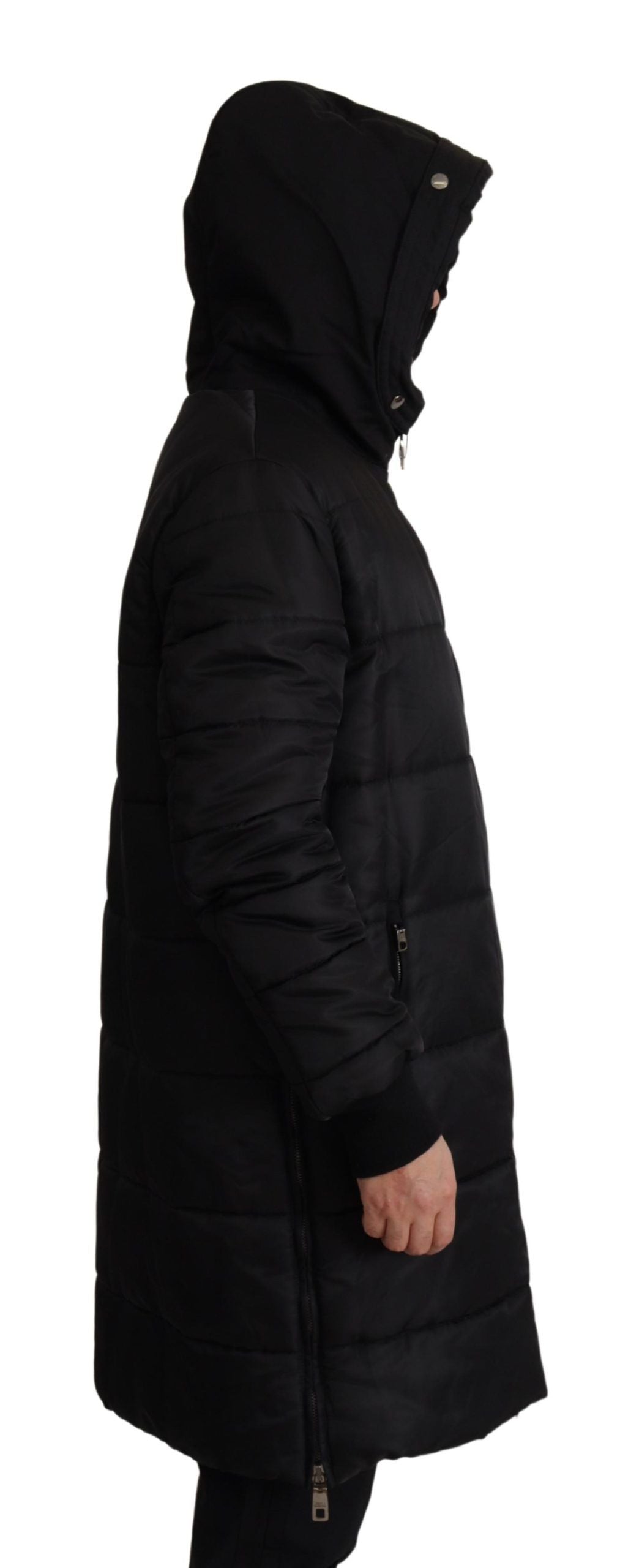 Black Nylon Hooded Parka Coat Winter Jacket - ventzia