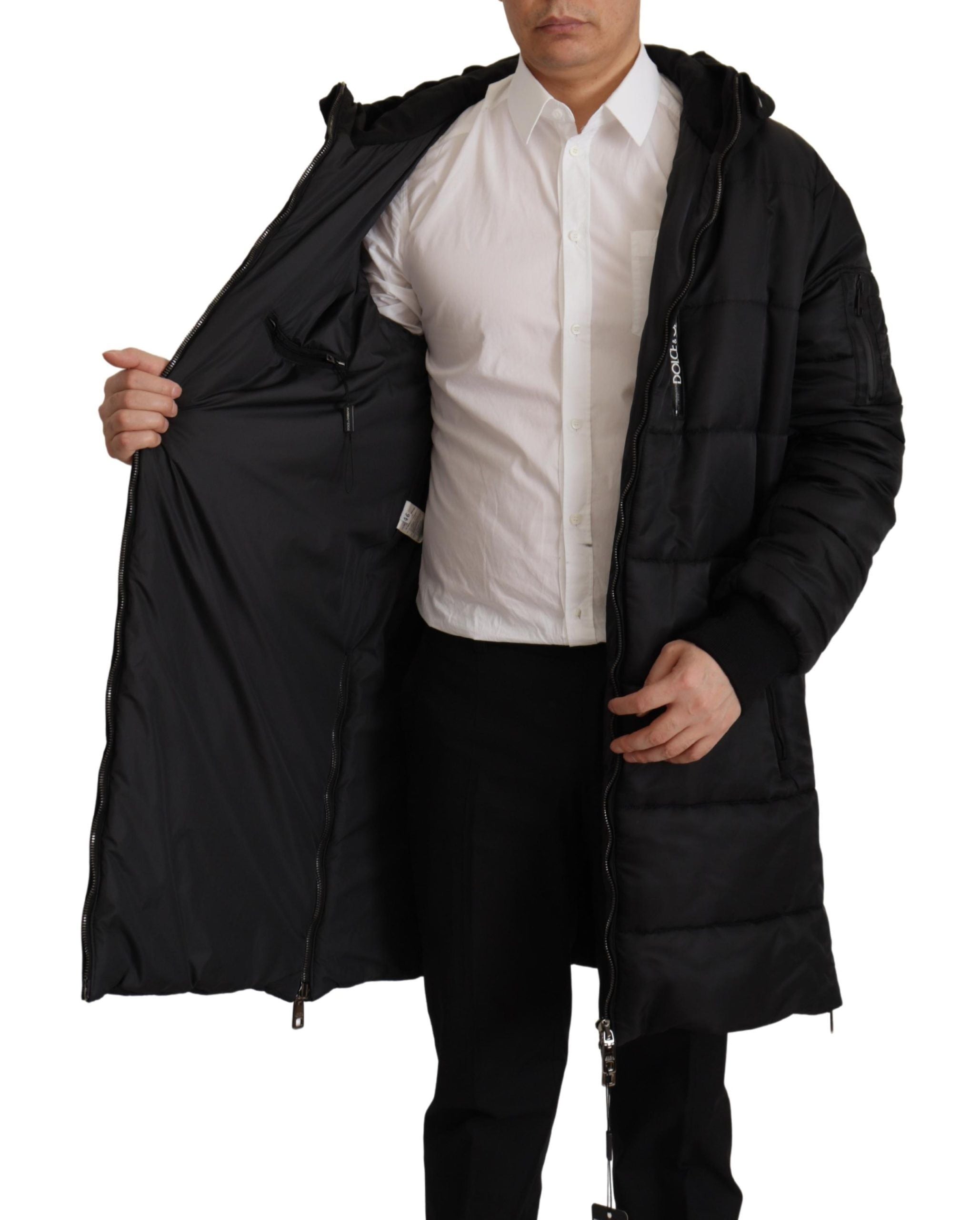 Black Nylon Hooded Parka Coat Winter Jacket - ventzia