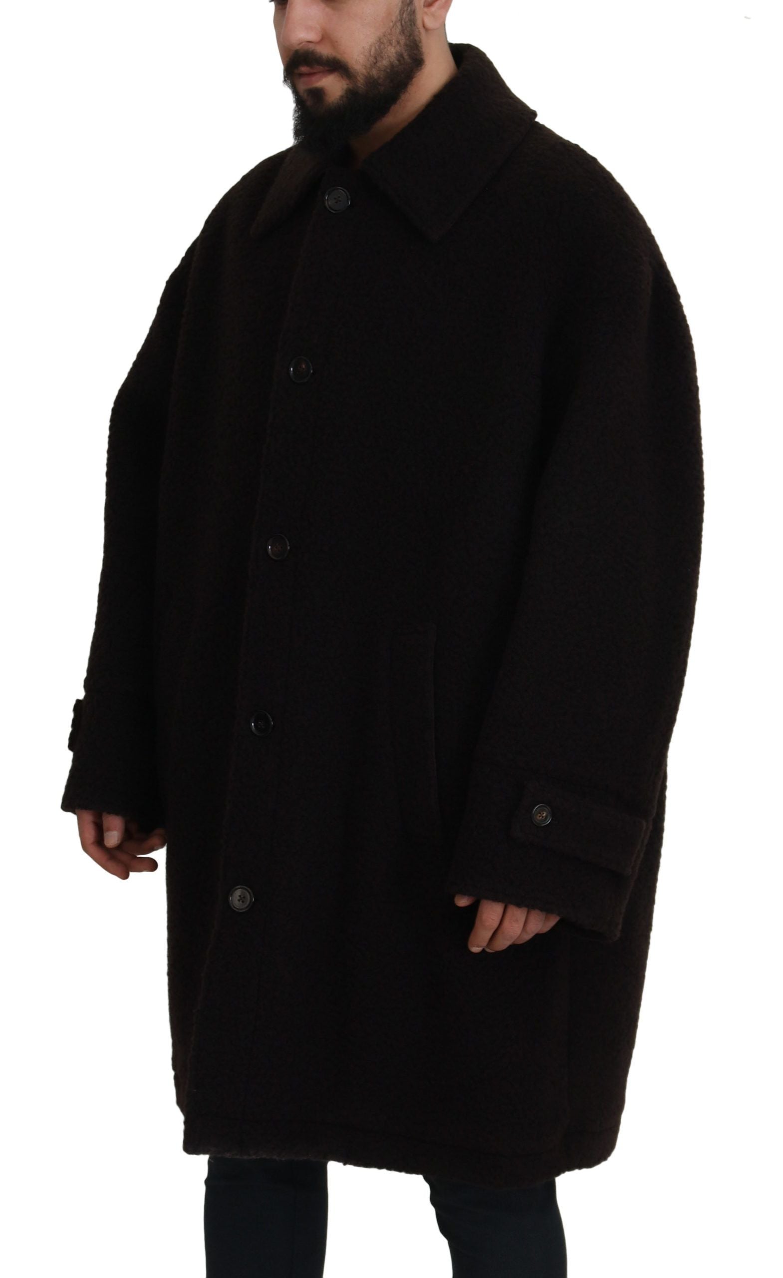 Black Alpaca Button Down Trench Coat Jacket - ventzia