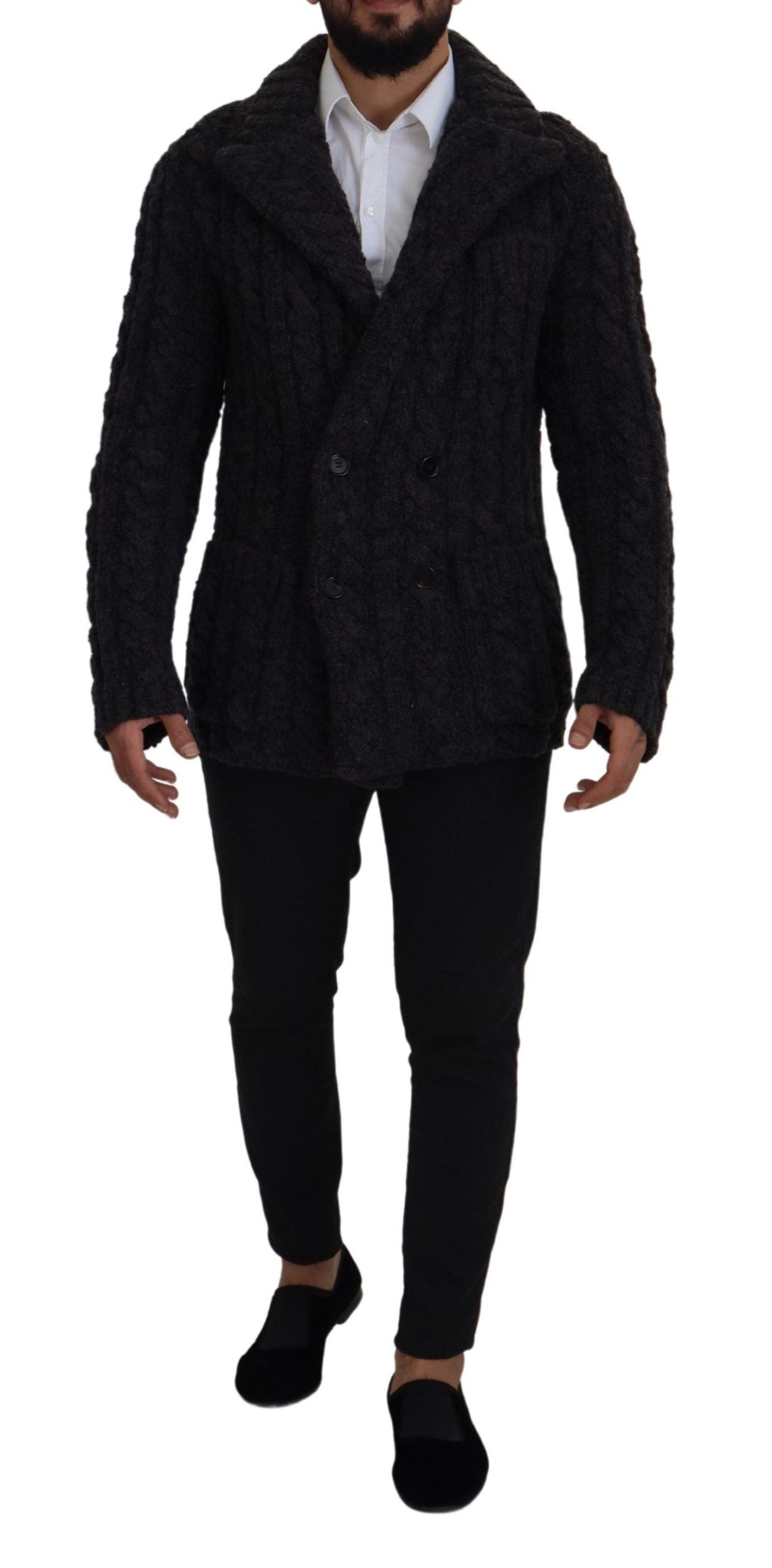 Black Wool Knit Double Breasted Coat Jacket - ventzia