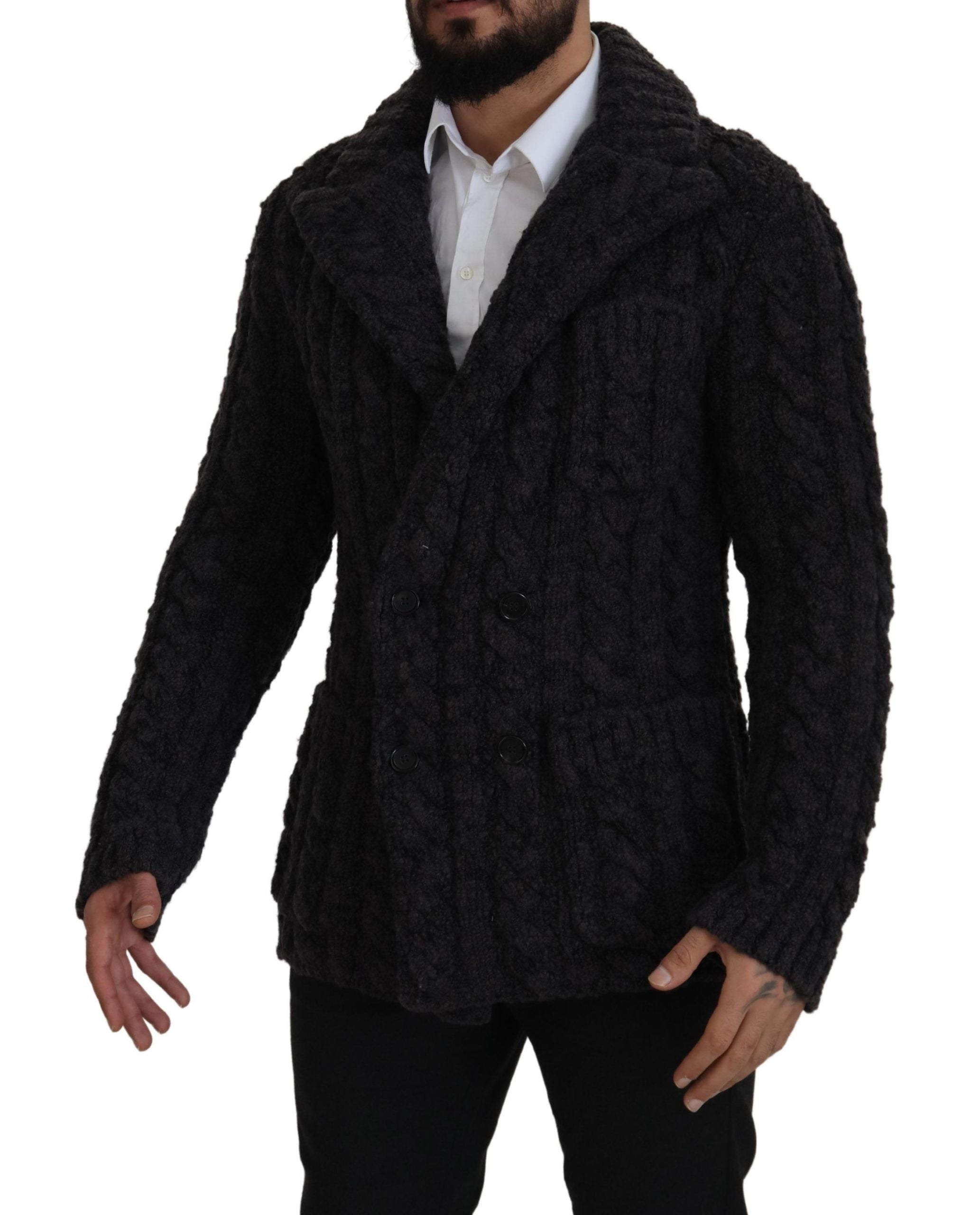 Black Wool Knit Double Breasted Coat Jacket - ventzia