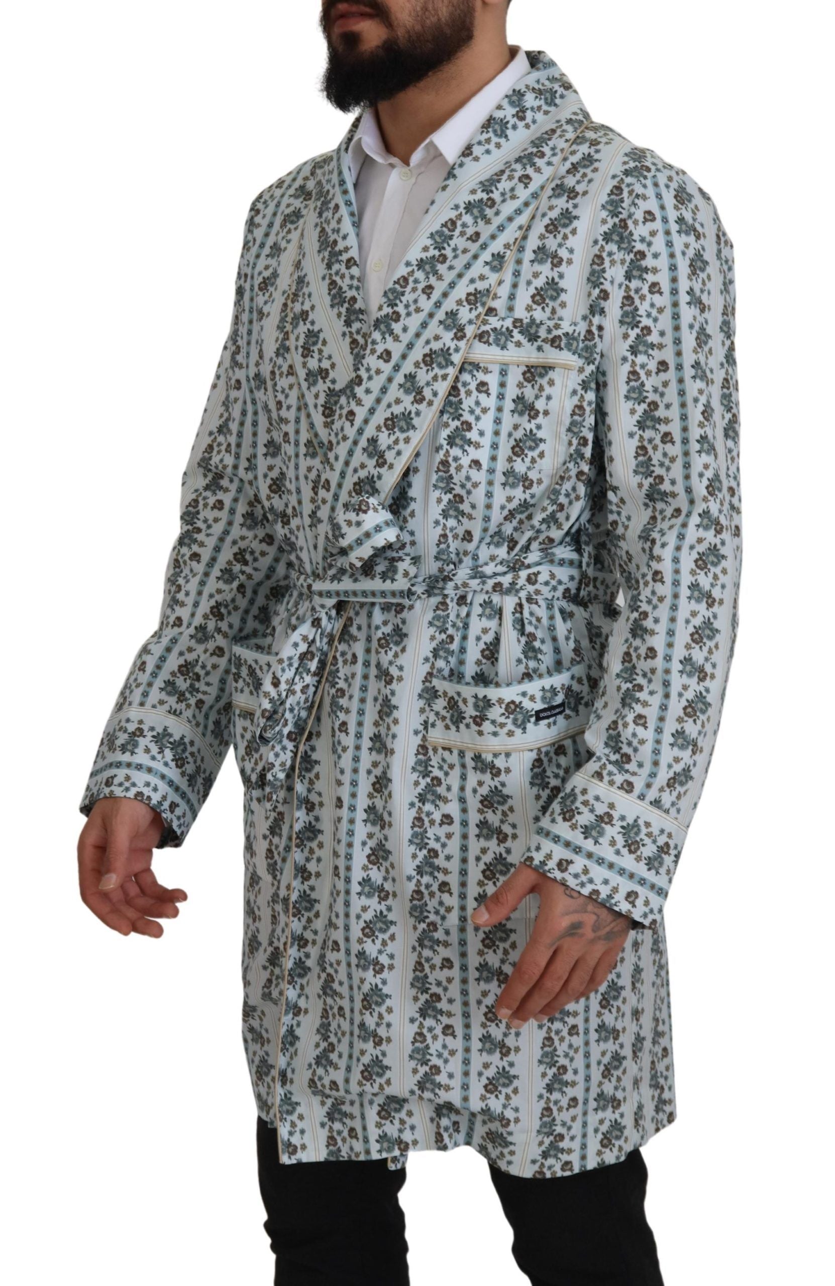 Blue Floral Cotton Robe Coat Jacket - ventzia