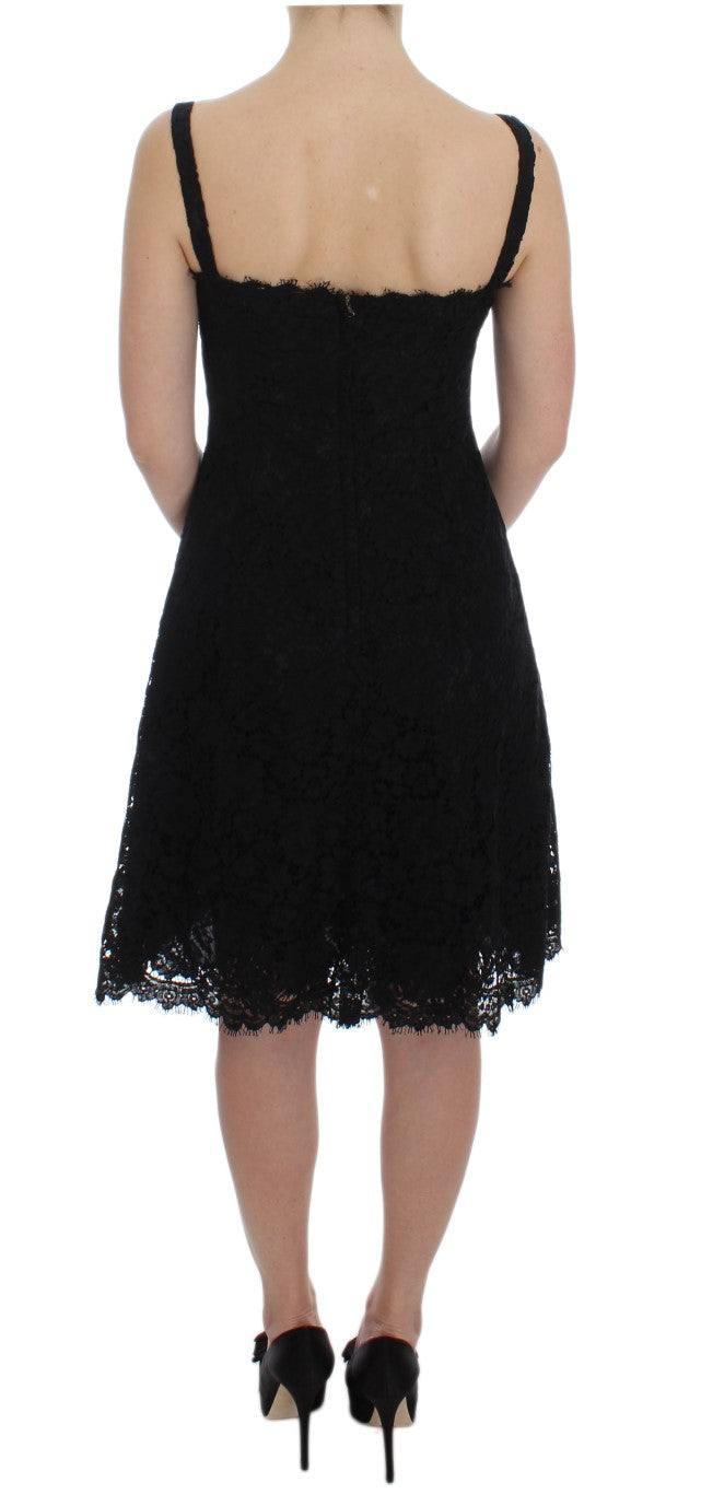 Elegant Black Floral Lace Knee-Length Dress - ventzia