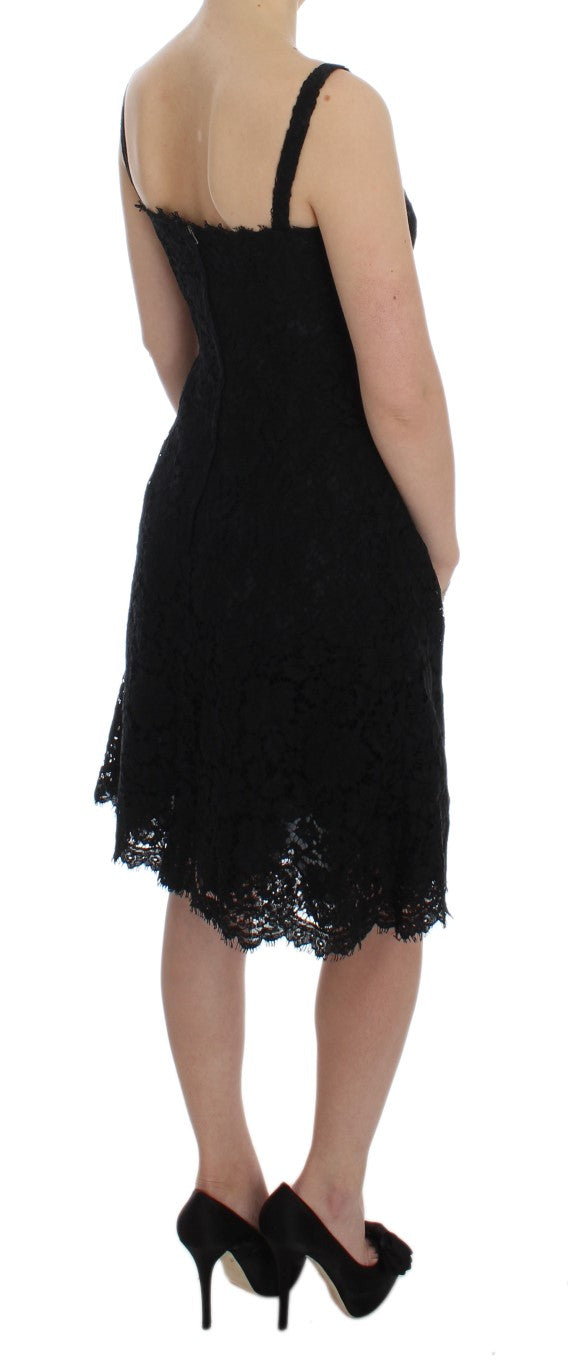 Elegant Black Floral Lace Knee-Length Dress - ventzia