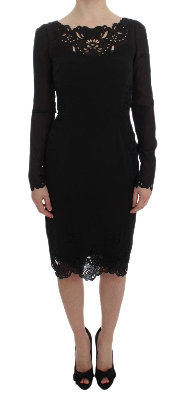 Elegant Black Floral Lace Sheath Dress - ventzia