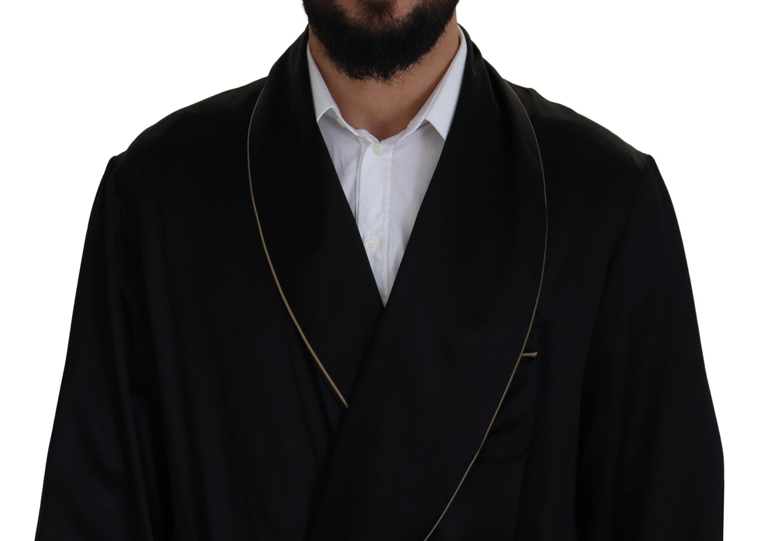 Black 100% Silk Robe Coat Wrap Jacket - ventzia