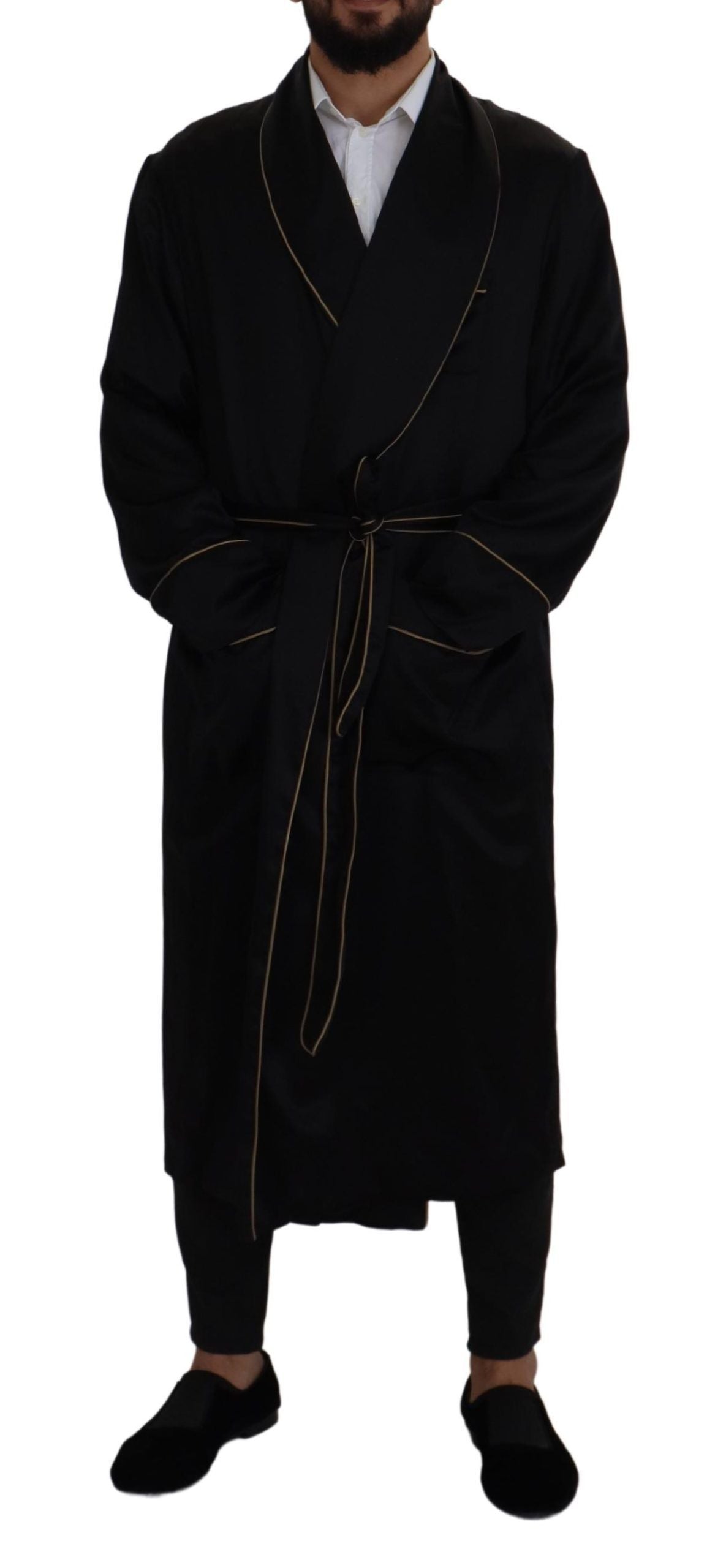Black 100% Silk Robe Coat Wrap Jacket - ventzia