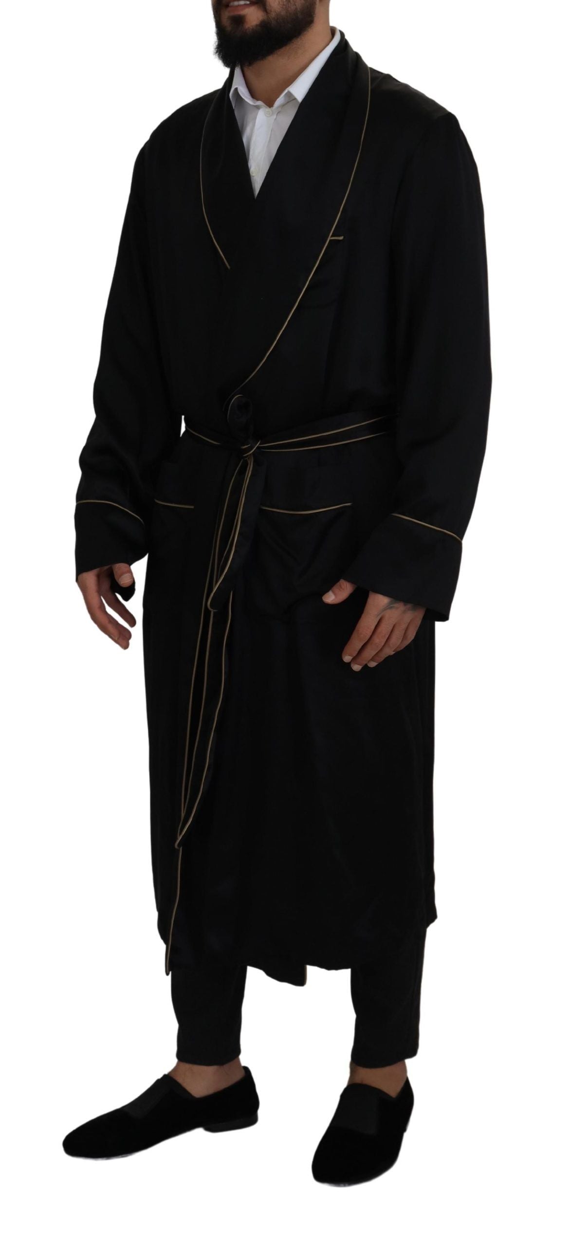 Black 100% Silk Robe Coat Wrap Jacket - ventzia
