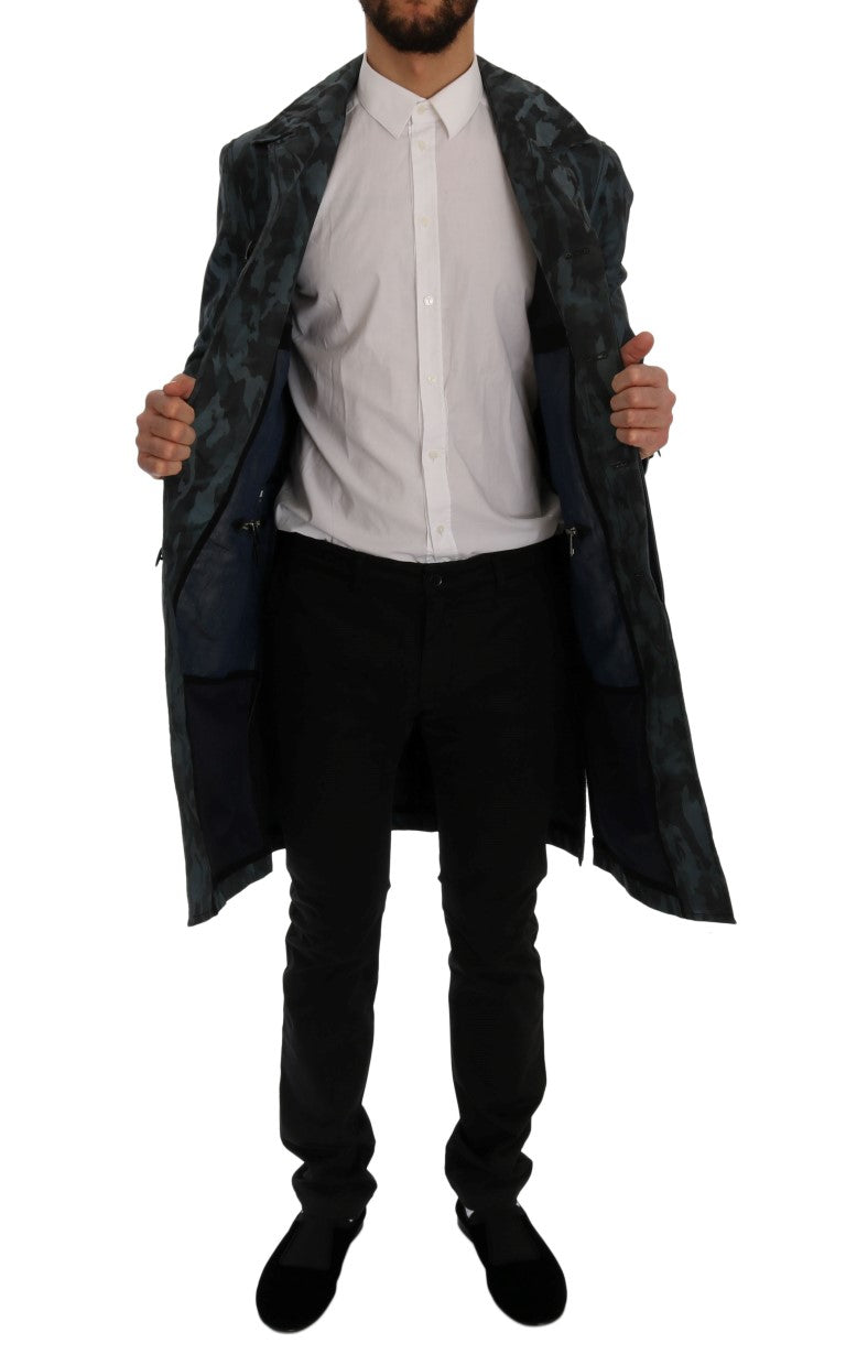 Blue Camouflage Trench Coat Elegance - ventzia