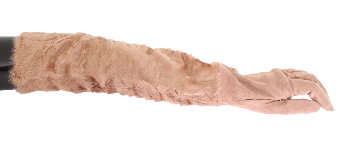 Elegant Beige Suede Elbow-Length Gloves - ventzia