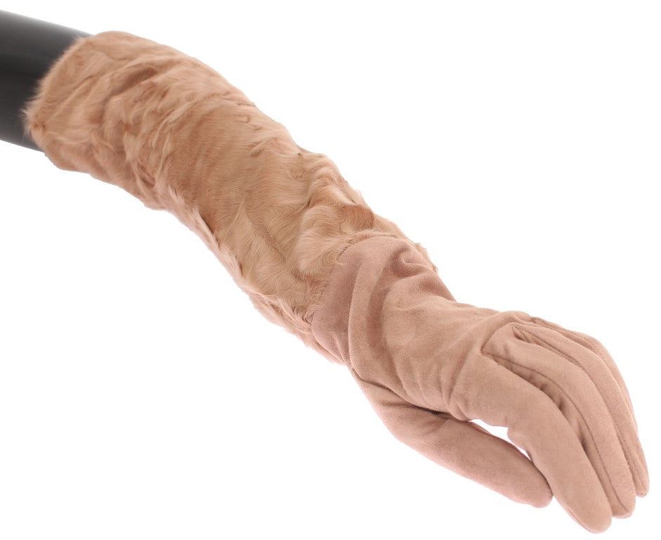 Elegant Beige Suede Elbow-Length Gloves - ventzia