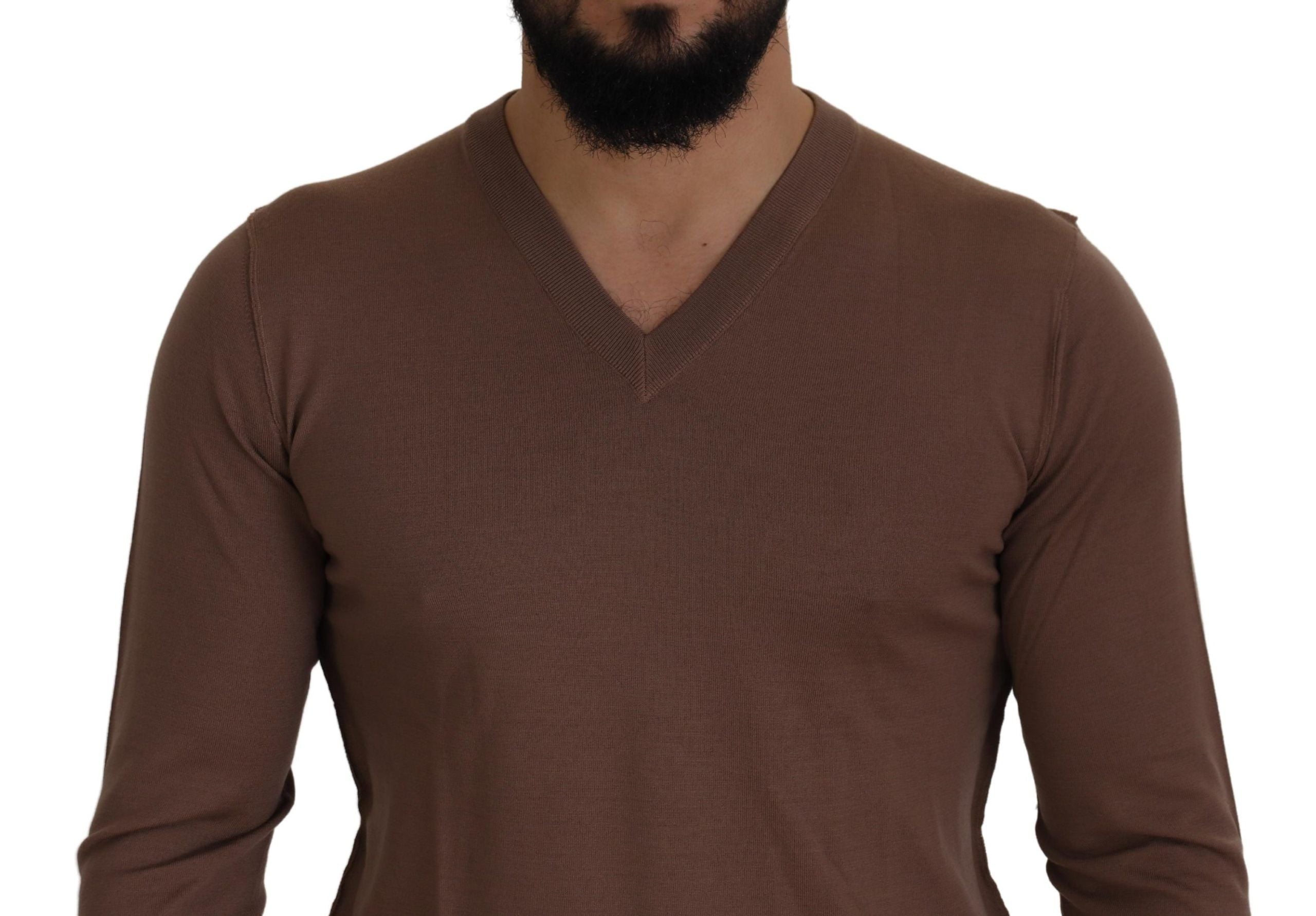 Brown Wool Men V-neck Pullover Sweater - ventzia
