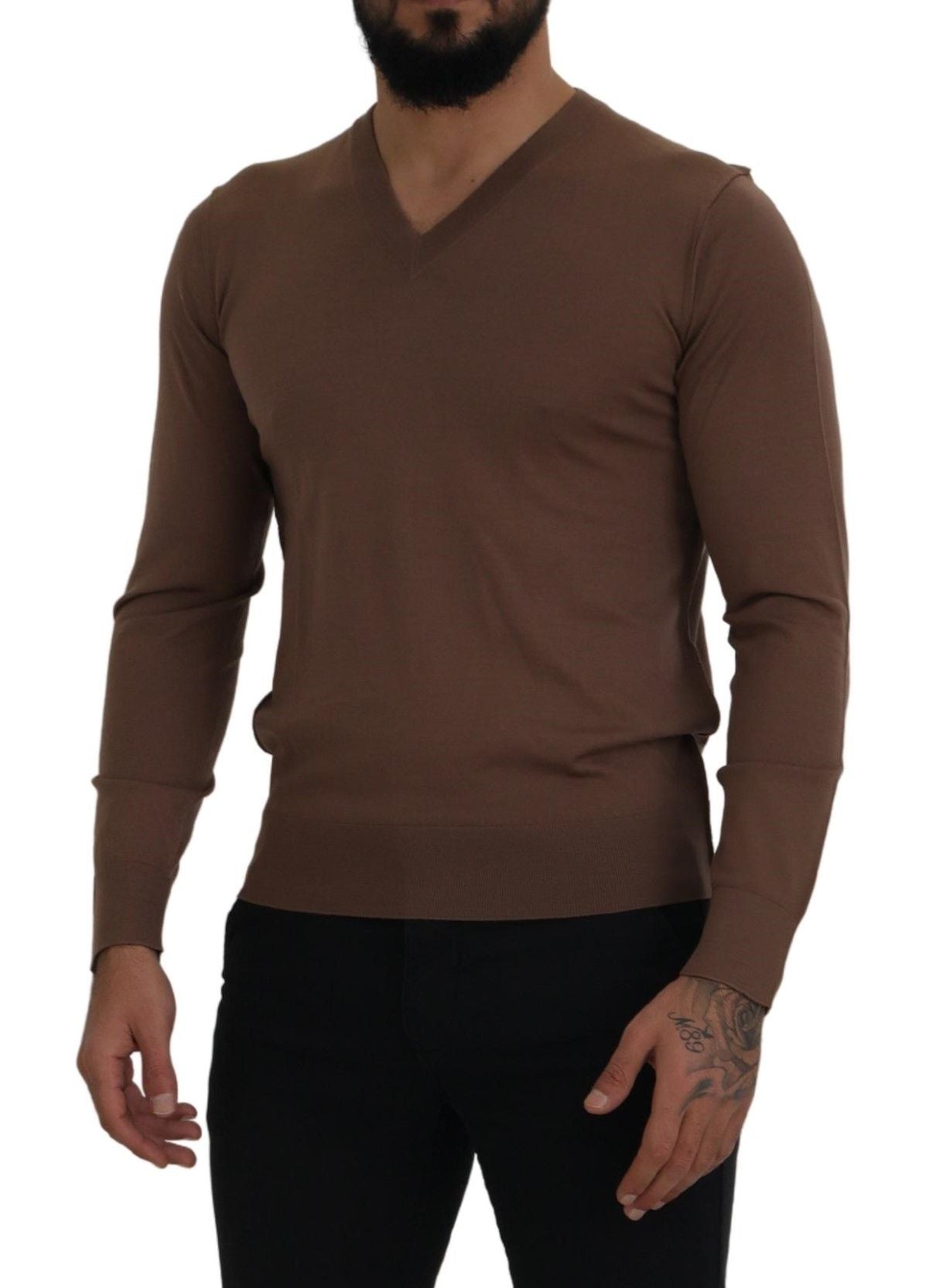 Brown Wool Men V-neck Pullover Sweater - ventzia