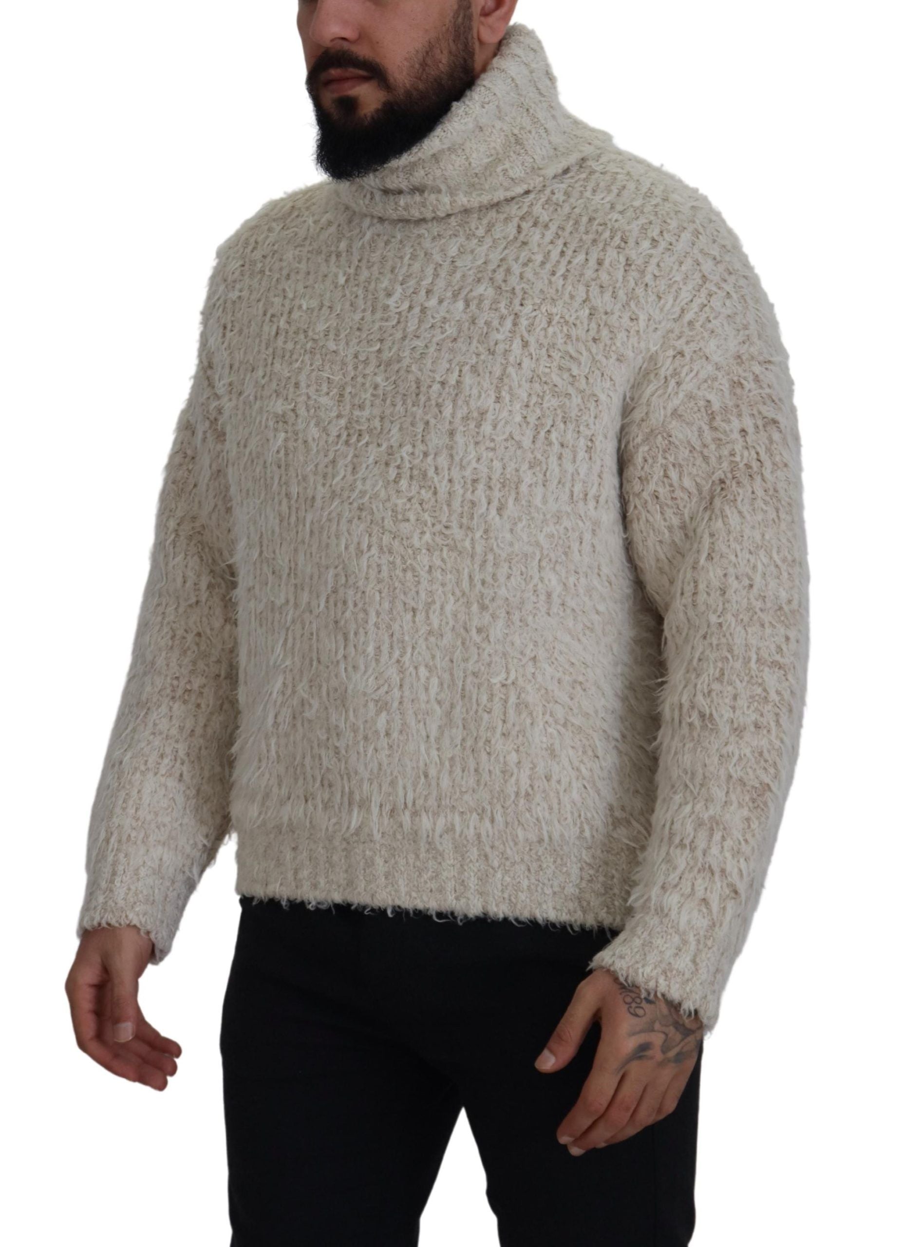 Cream Wool Knit Turtleneck Pullover Sweater - ventzia