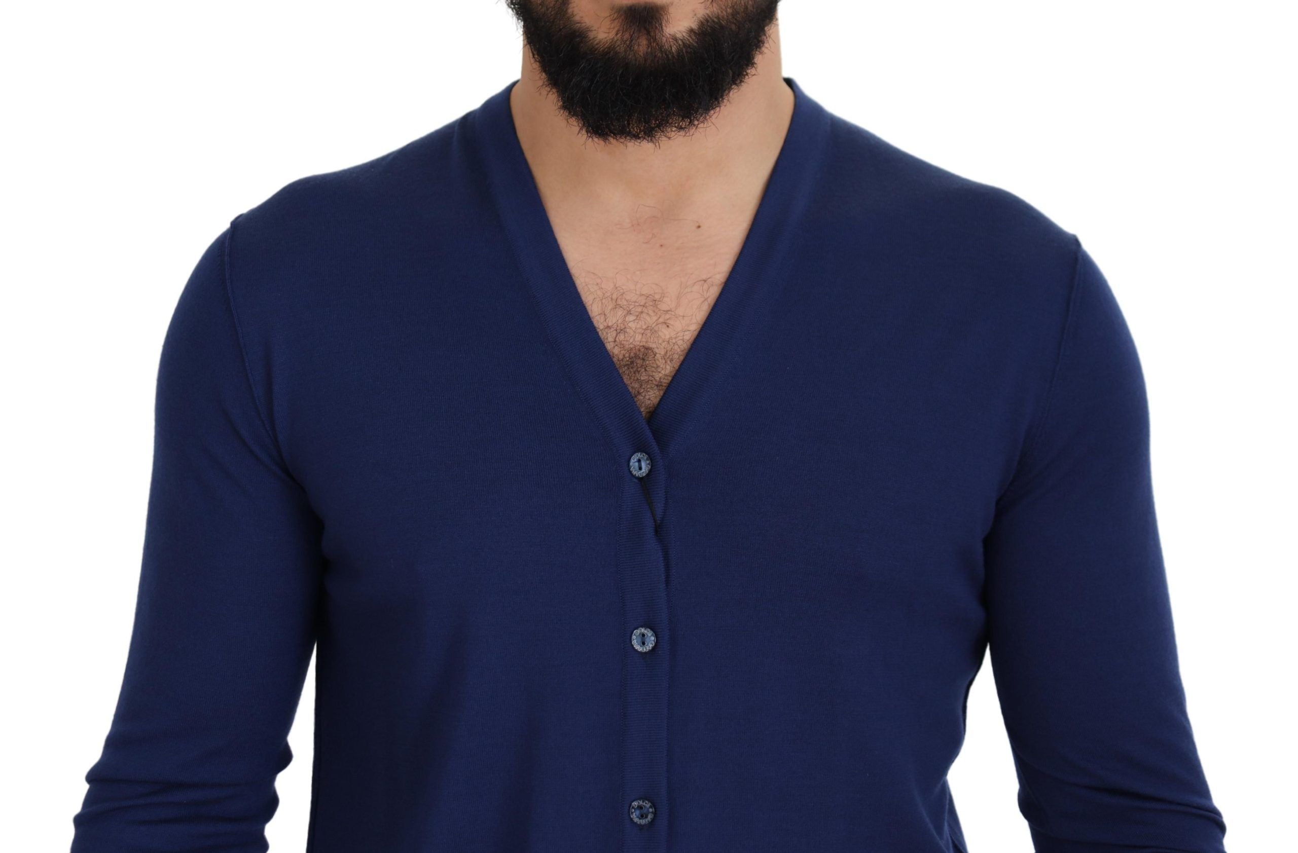 Blue Wool V-neck Button Down Cardigan Sweater - ventzia