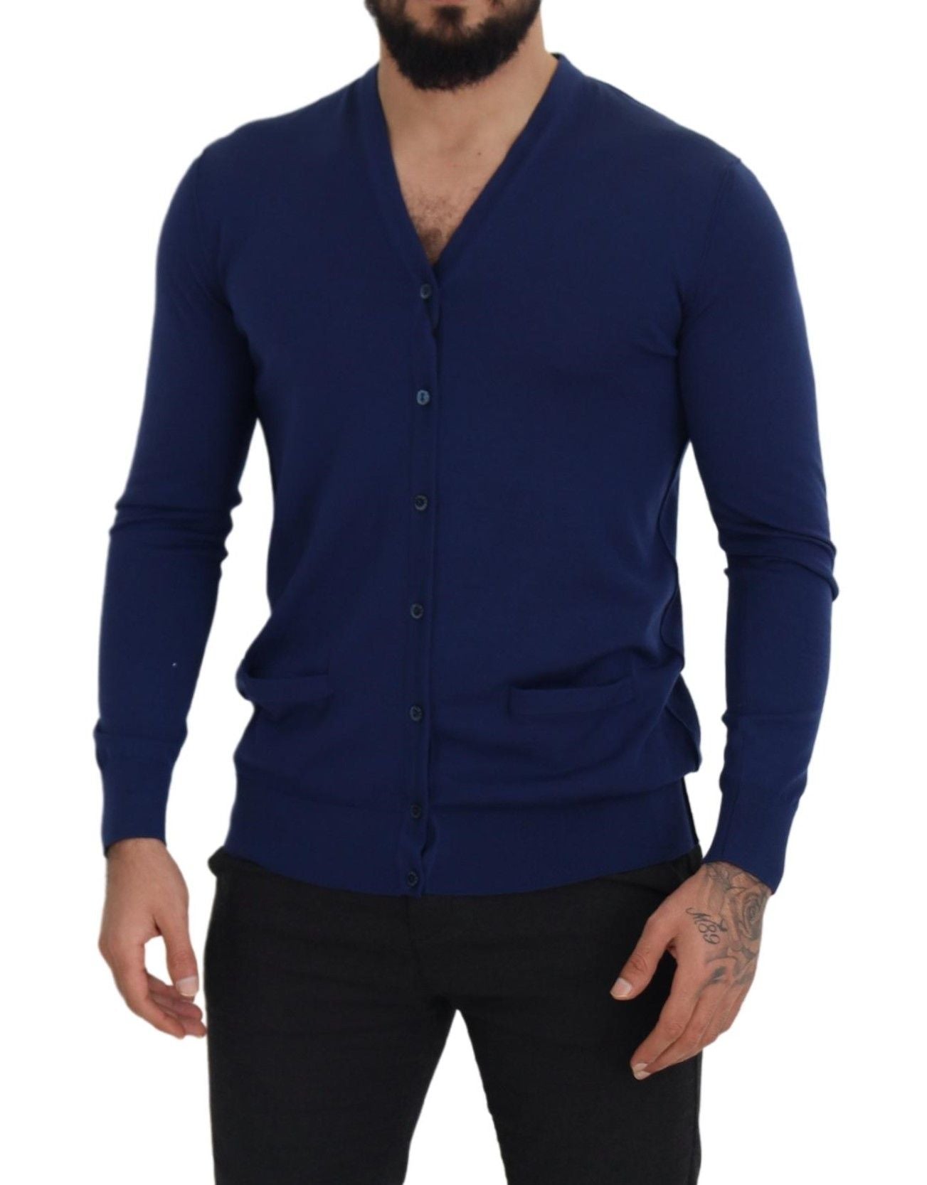 Blue Wool V-neck Button Down Cardigan Sweater - ventzia