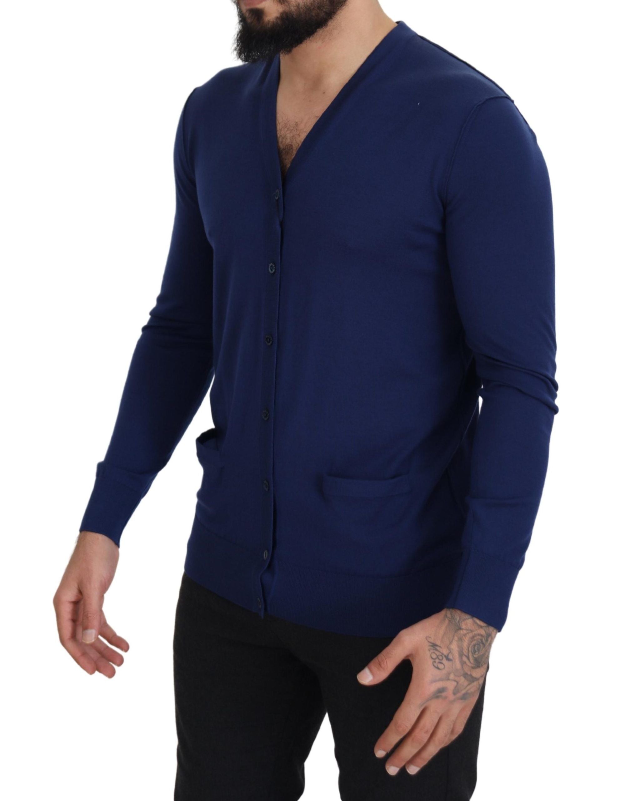 Blue Wool V-neck Button Down Cardigan Sweater - ventzia