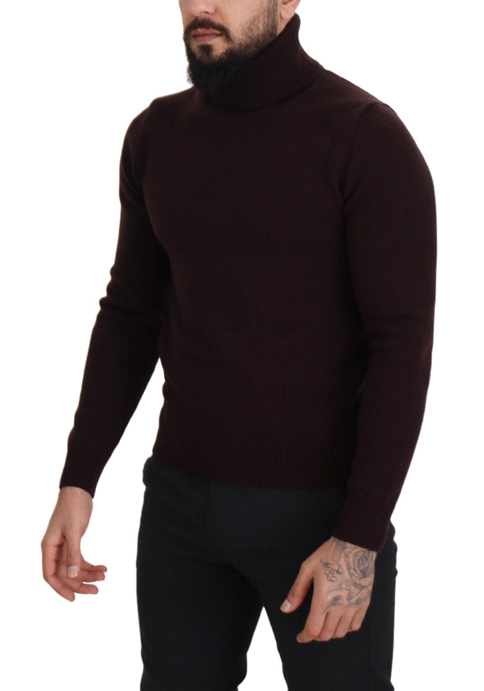Brown Wool Turtle Neck Pullover Sweater - ventzia