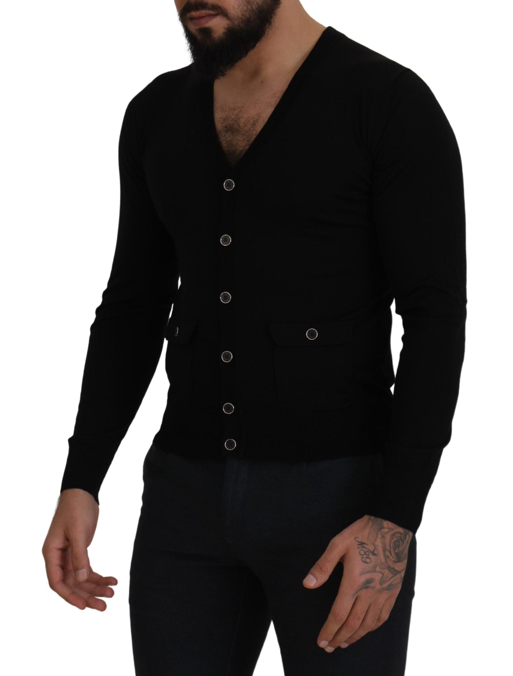 Black Wool Button Down Cardigan Sweater - ventzia