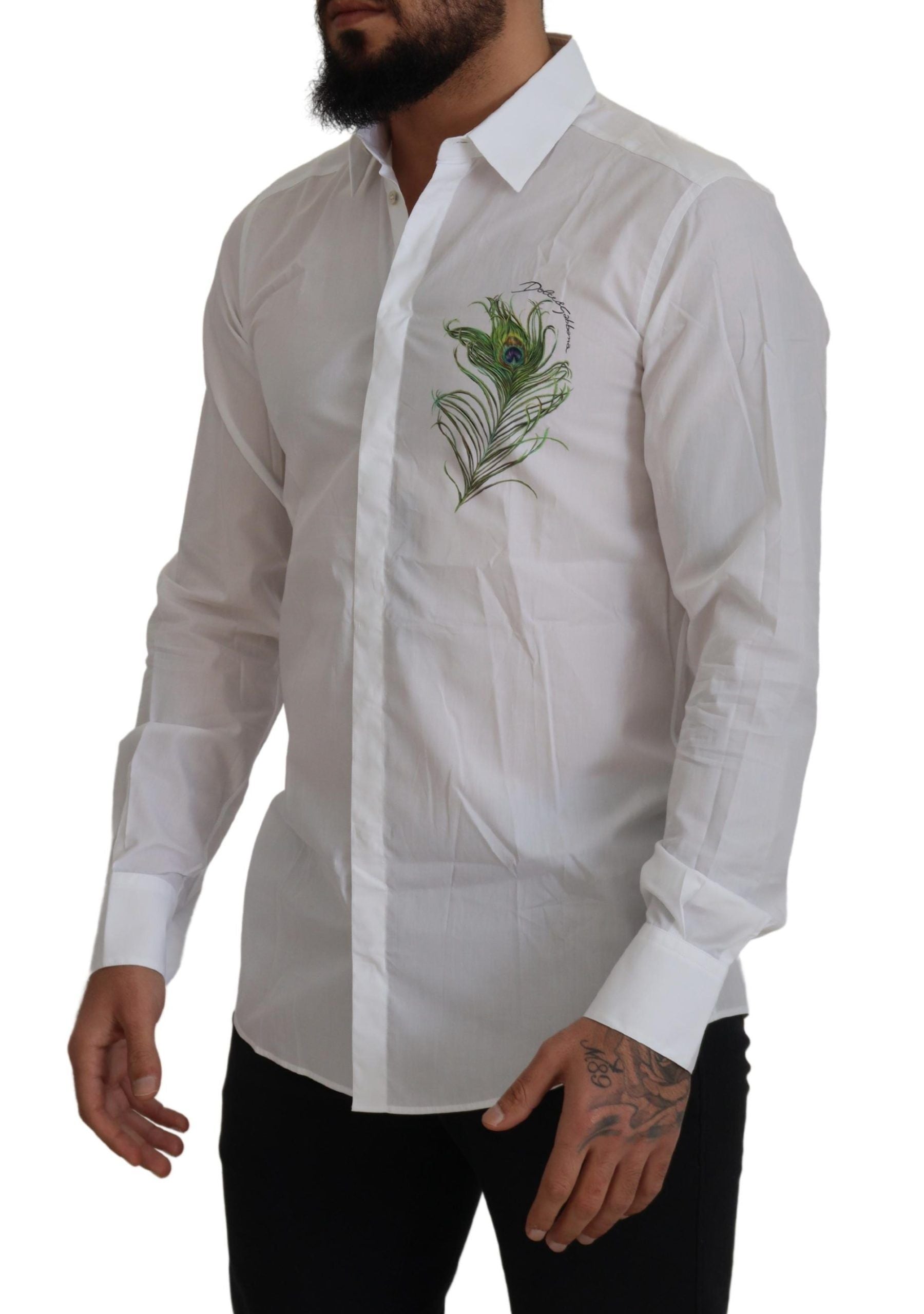 White Cotton Peacock Feather Formal GOLD Shirt - ventzia