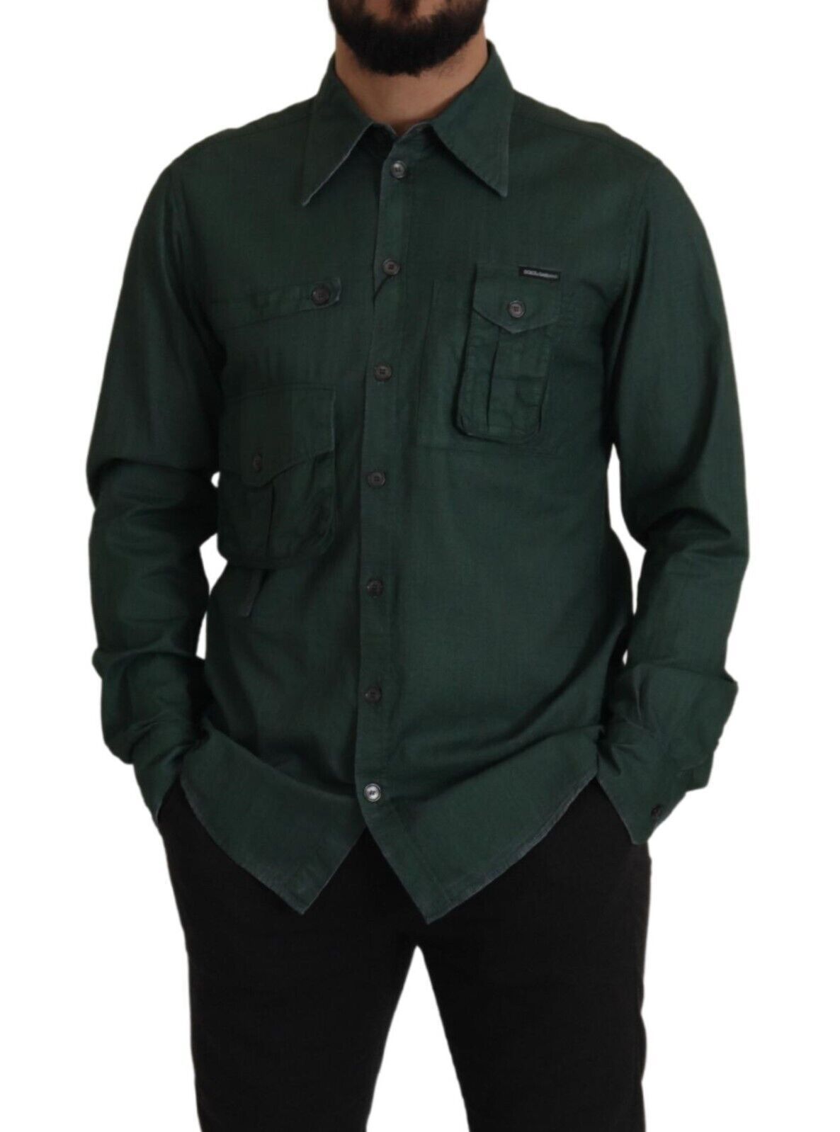 Dark Green Button Down Long Sleeves Shirt - ventzia